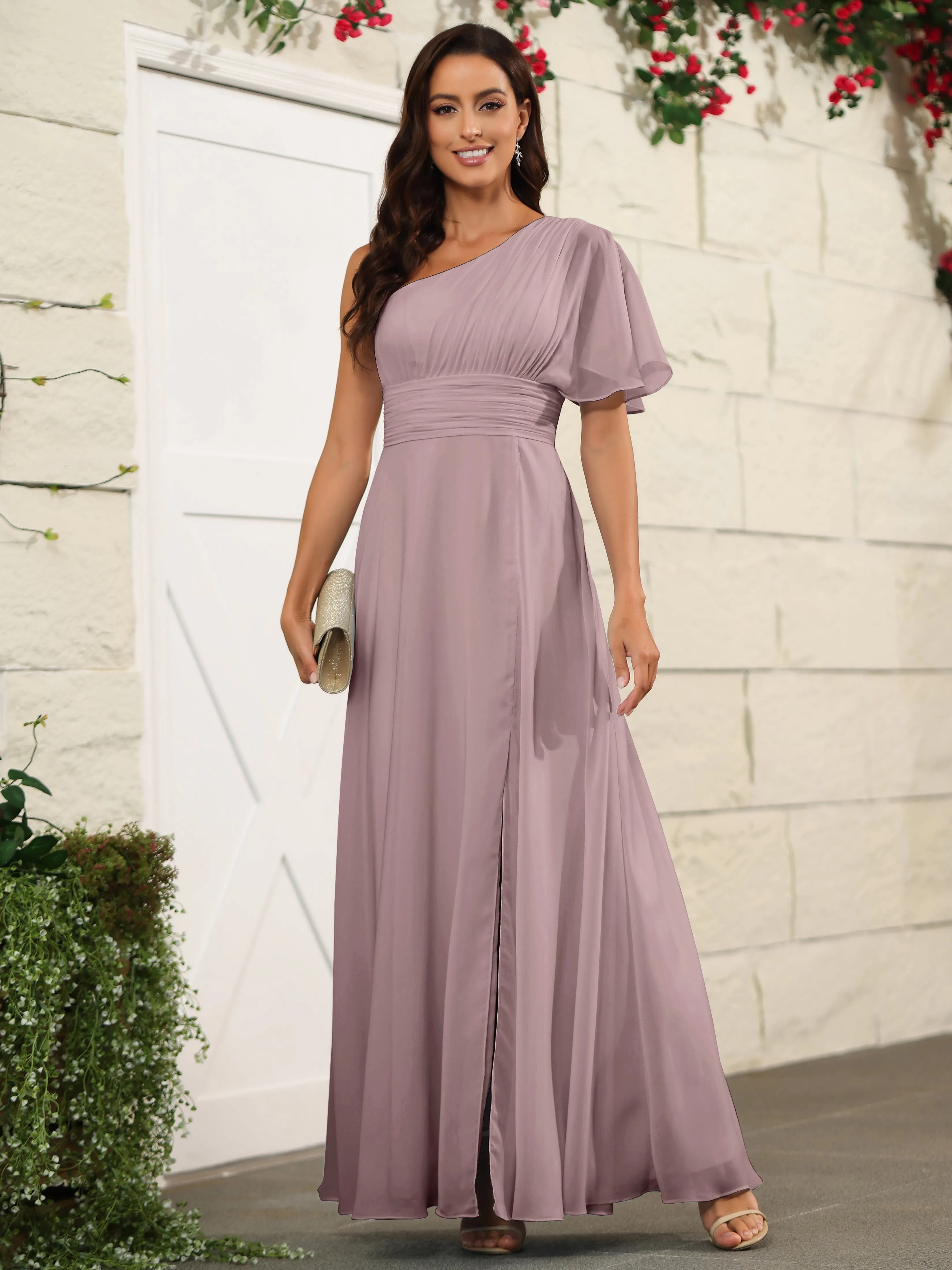 Simple One Shoulder Chiffon Floor Length Bridesmaid Dresses
