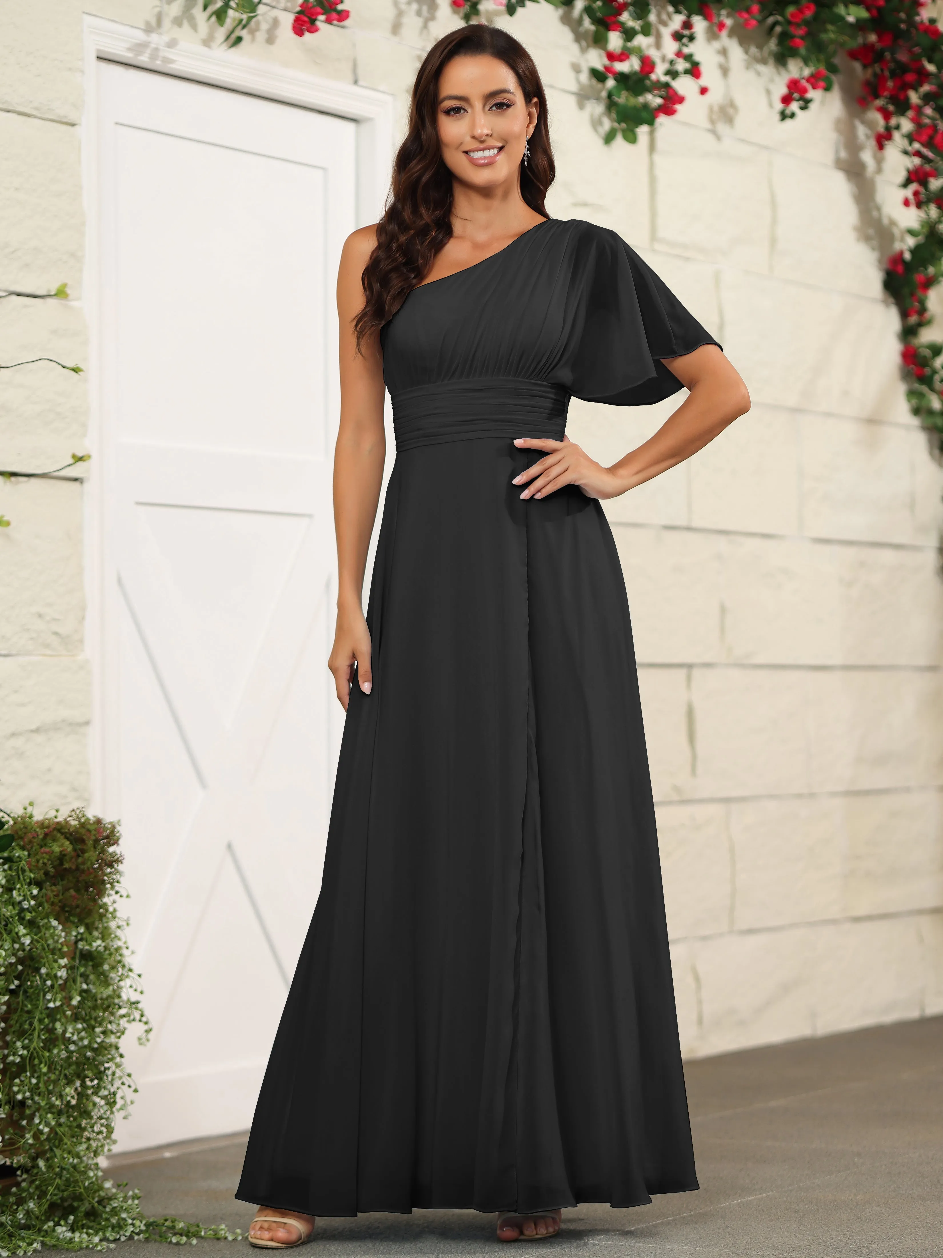 Simple One Shoulder Chiffon Floor Length Bridesmaid Dresses