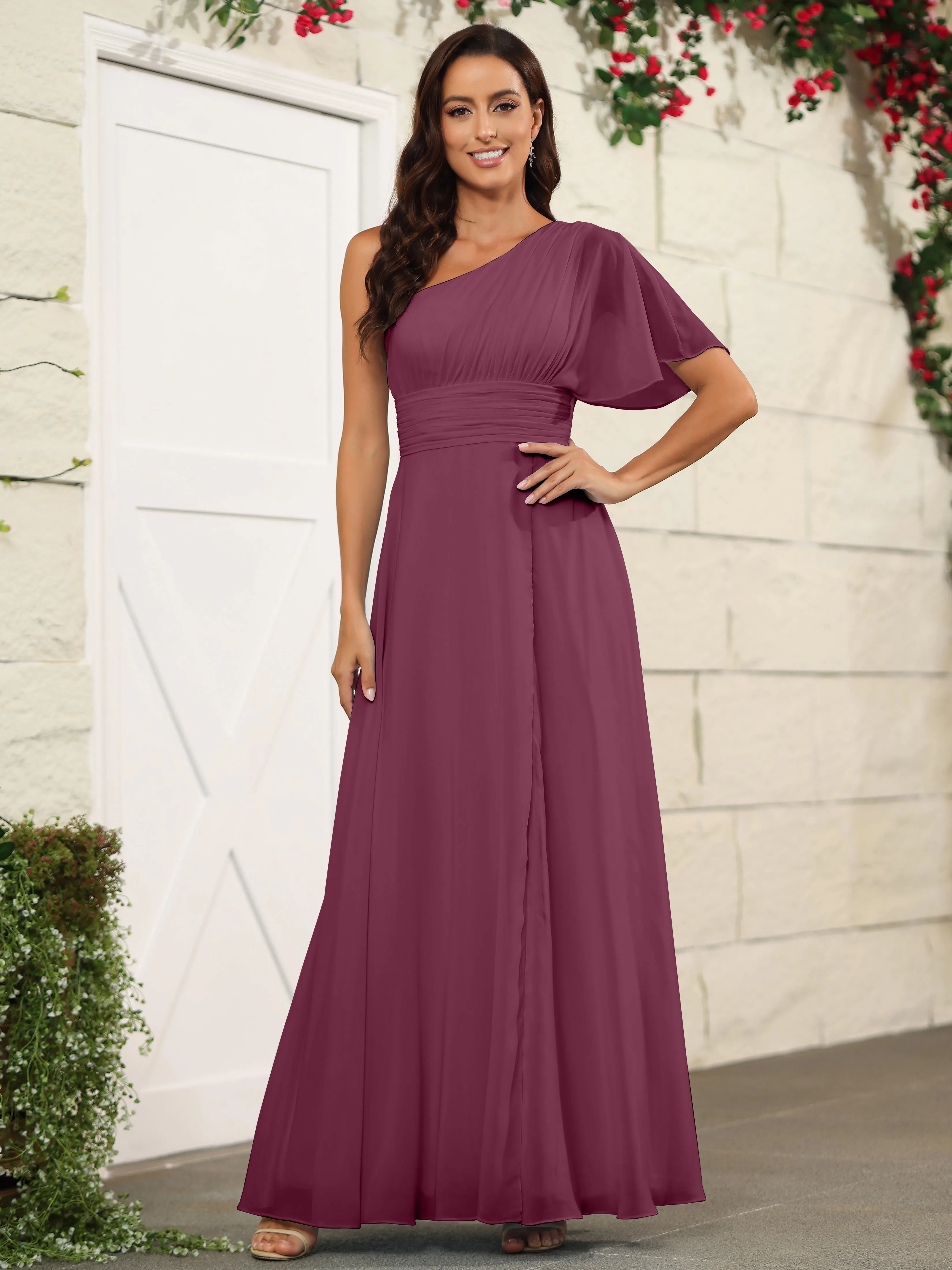 Simple One Shoulder Chiffon Floor Length Bridesmaid Dresses