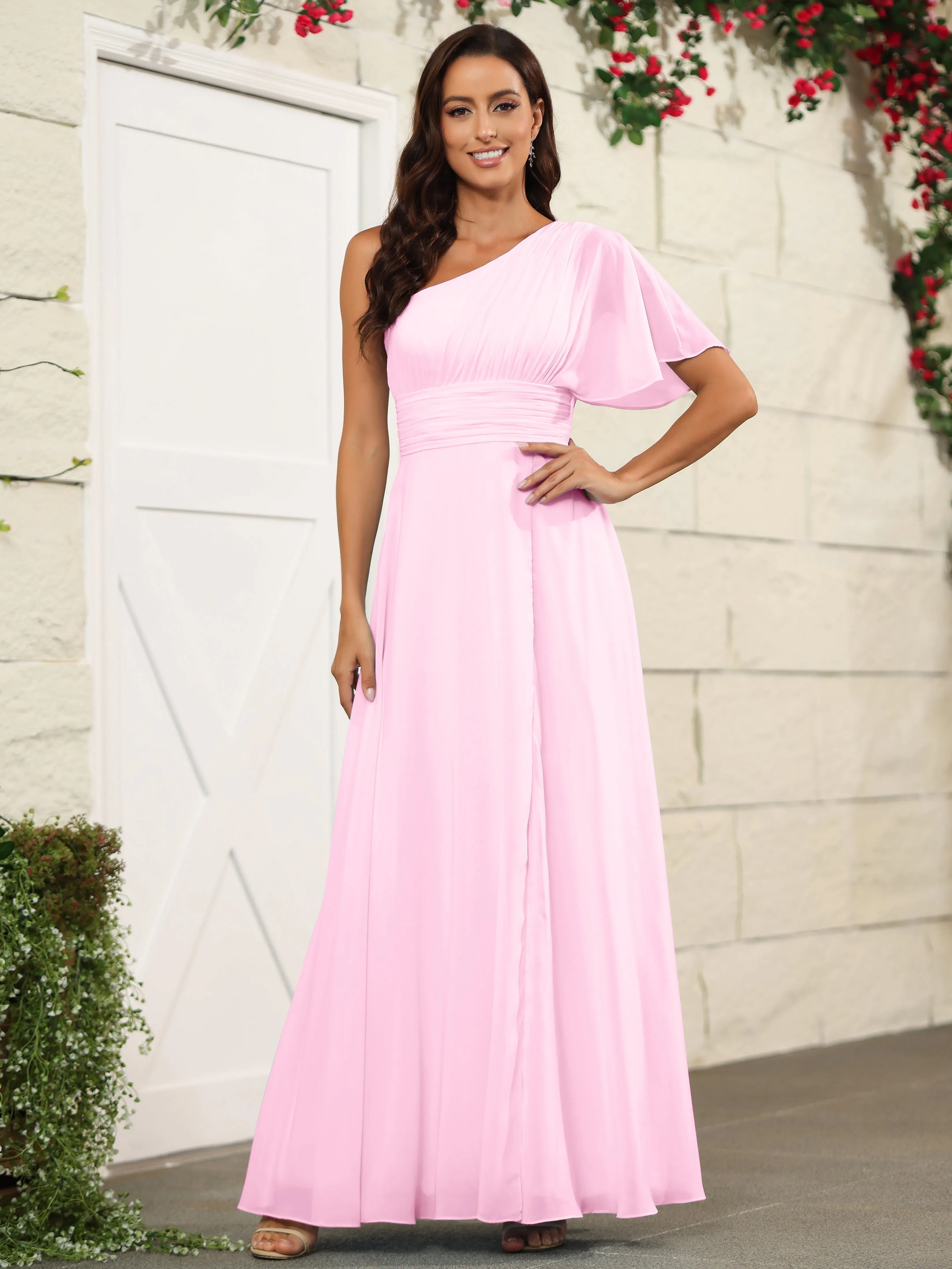 Simple One Shoulder Chiffon Floor Length Bridesmaid Dresses