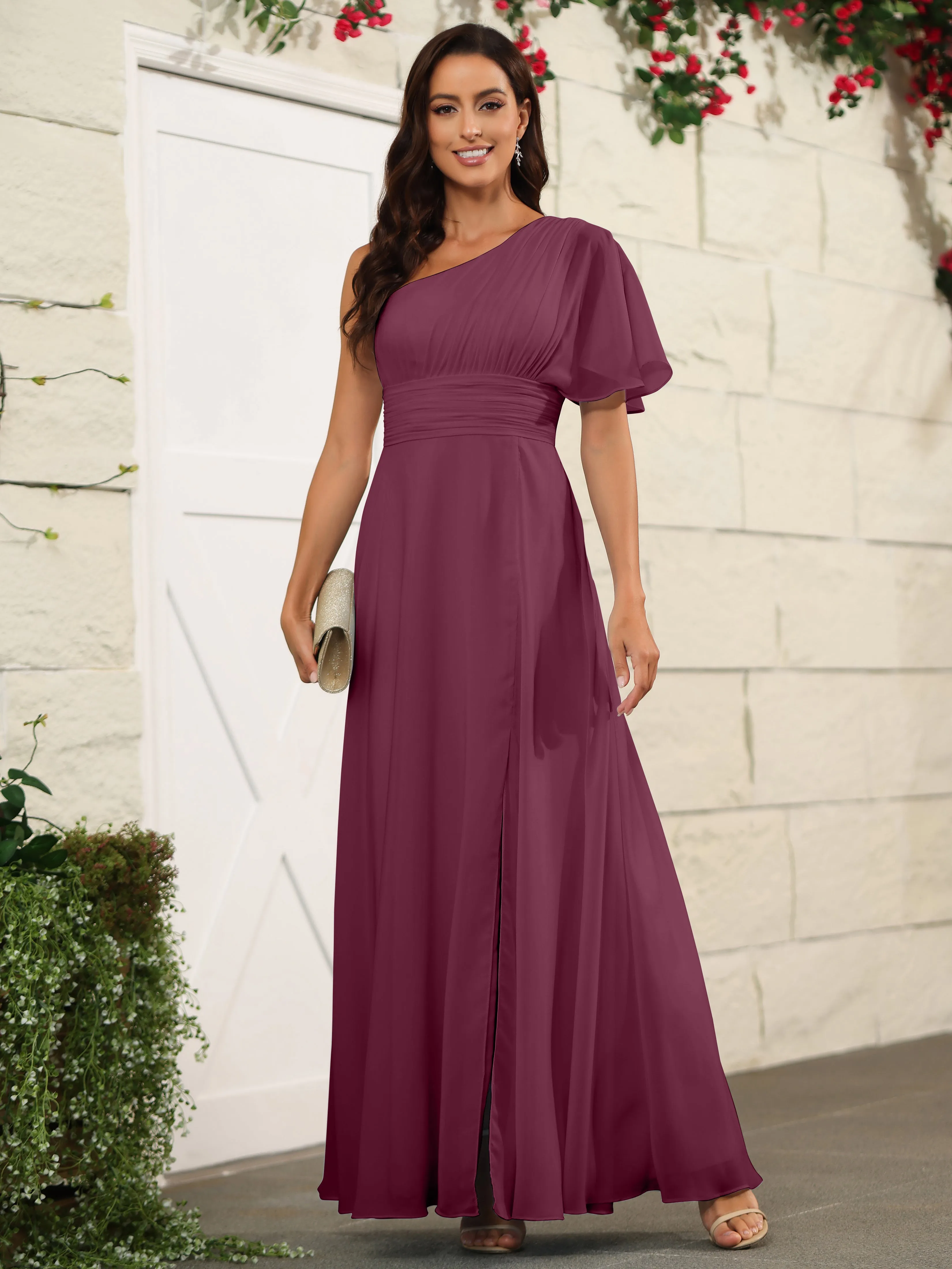 Simple One Shoulder Chiffon Floor Length Bridesmaid Dresses