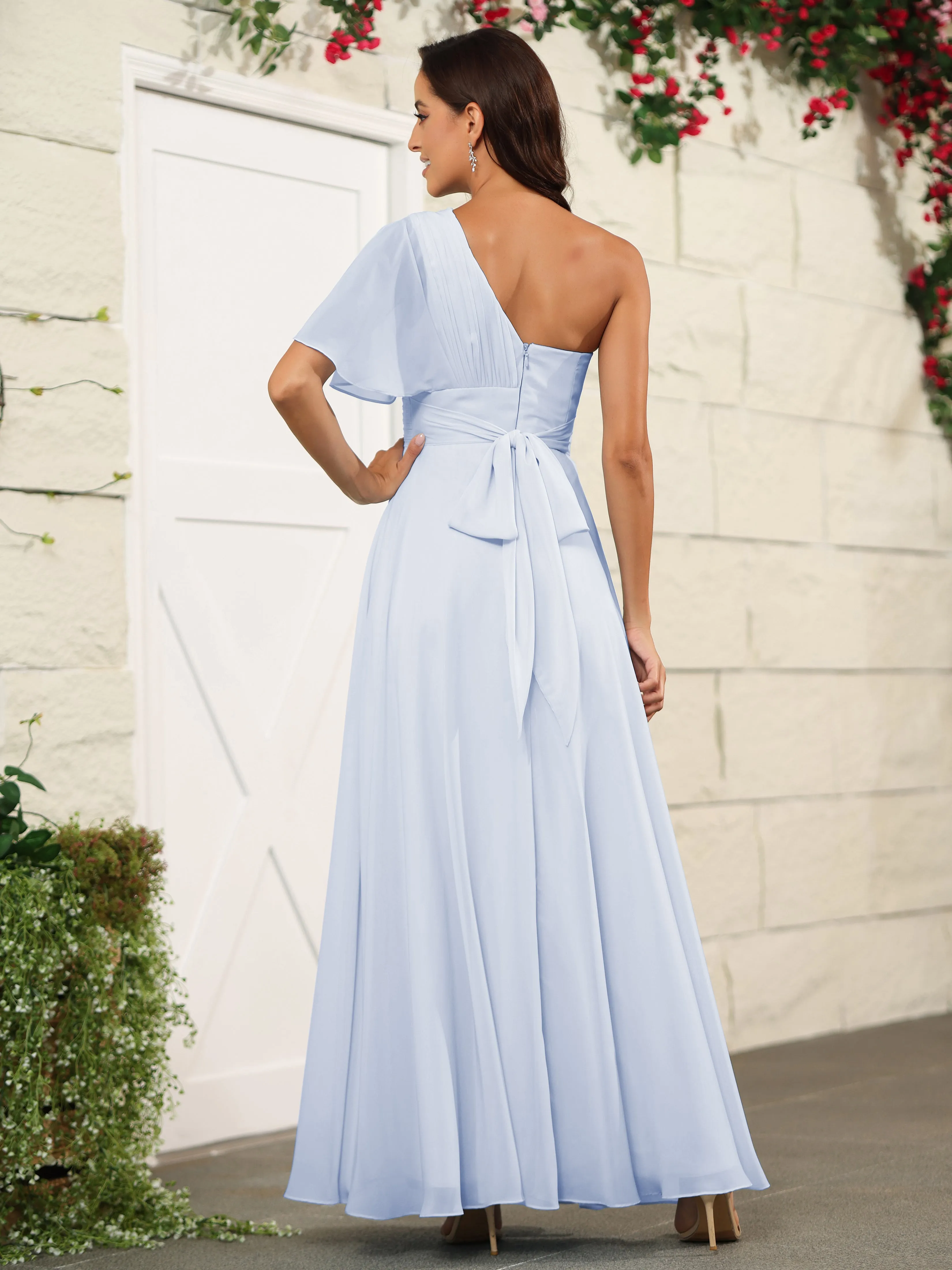 Simple One Shoulder Chiffon Floor Length Bridesmaid Dresses
