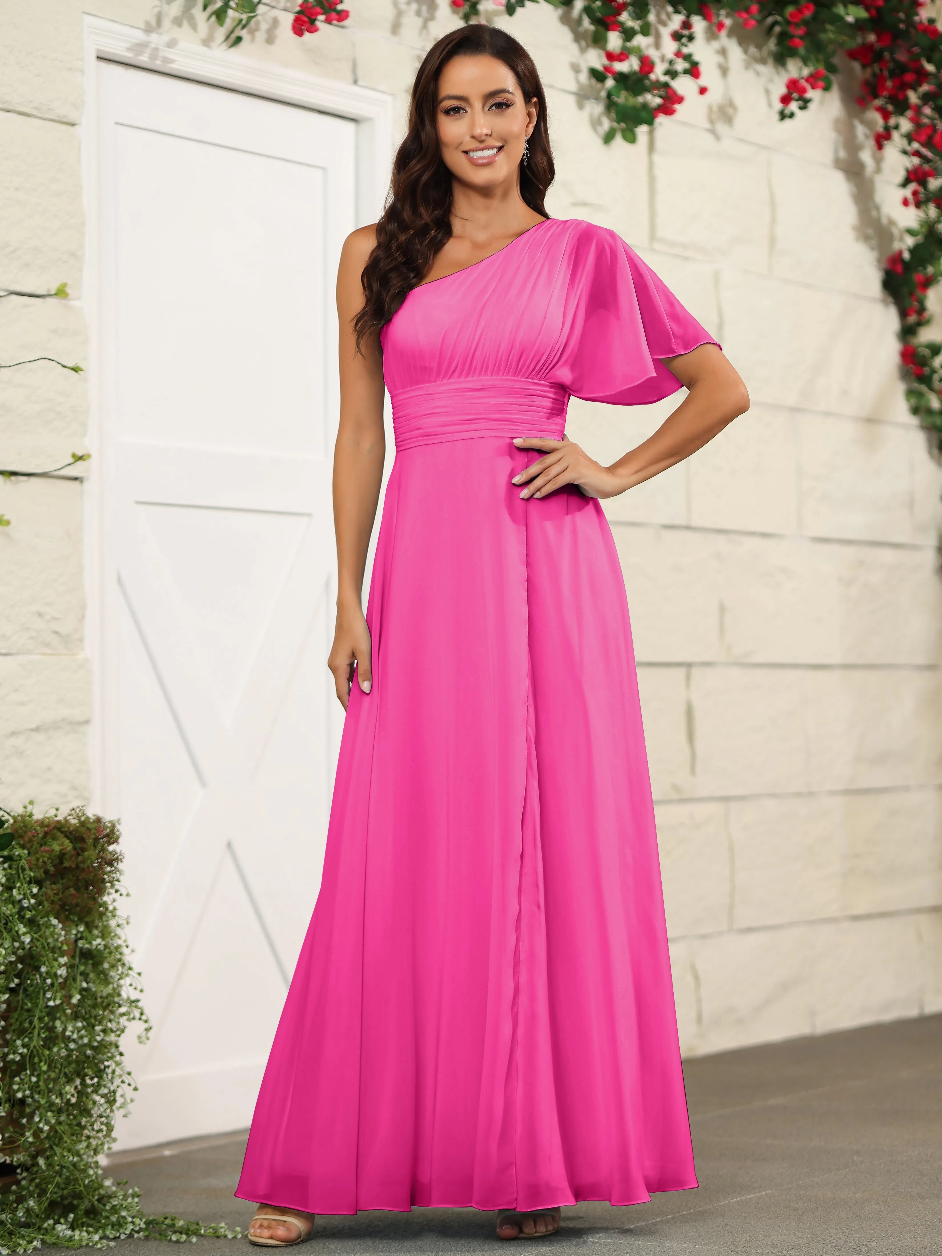 Simple One Shoulder Chiffon Floor Length Bridesmaid Dresses
