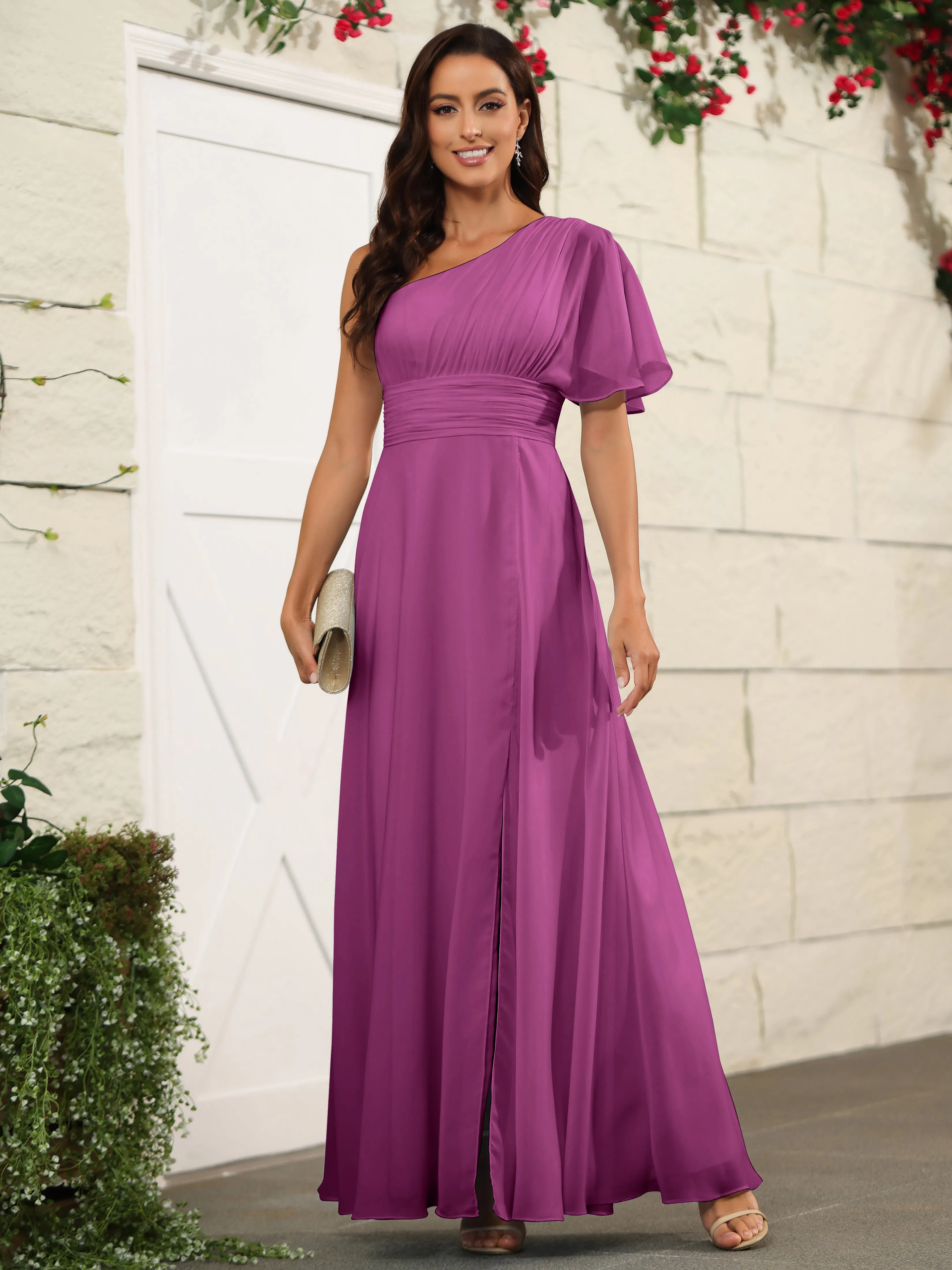 Simple One Shoulder Chiffon Floor Length Bridesmaid Dresses