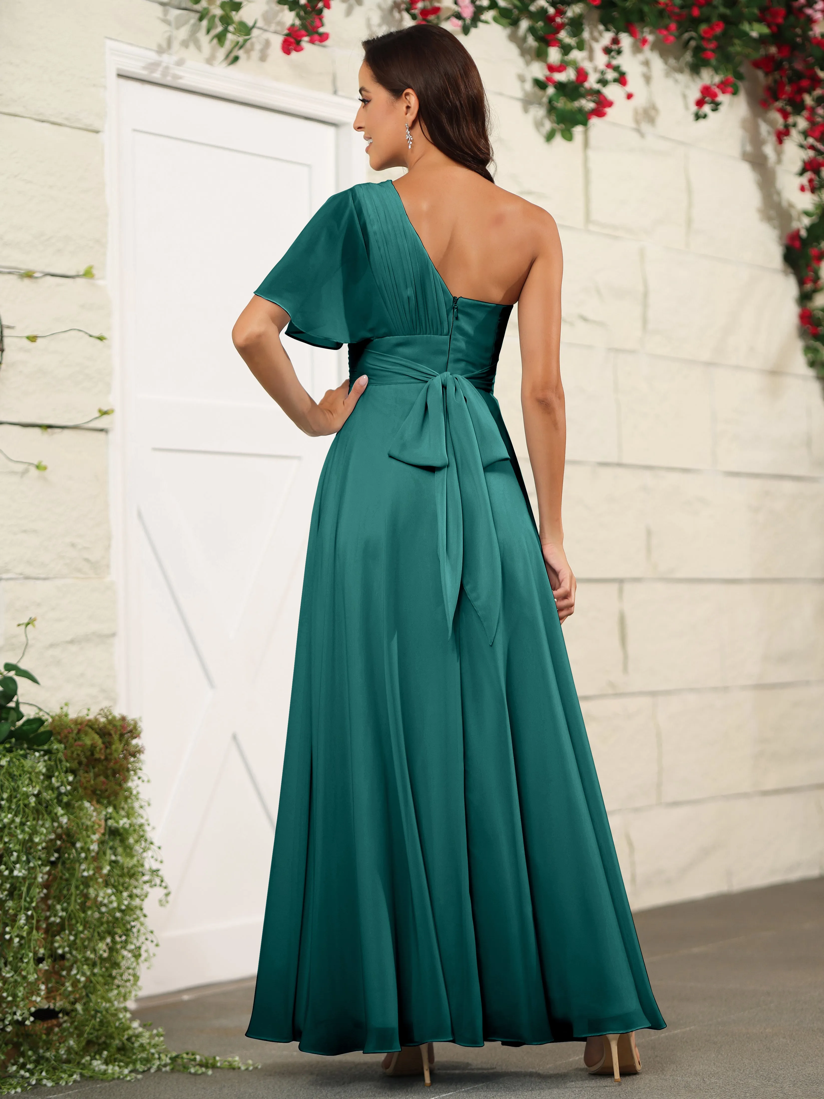 Simple One Shoulder Chiffon Floor Length Bridesmaid Dresses