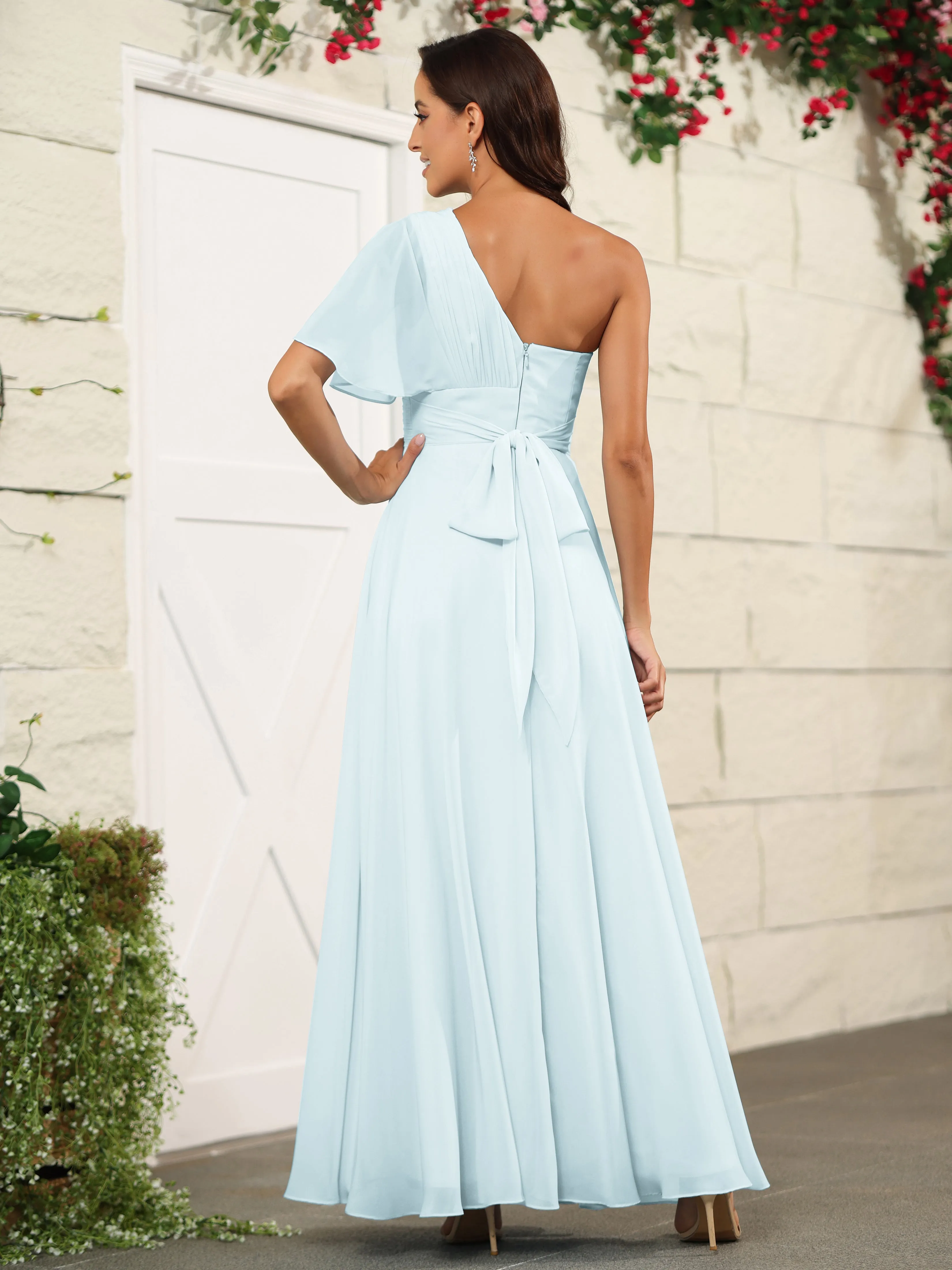 Simple One Shoulder Chiffon Floor Length Bridesmaid Dresses