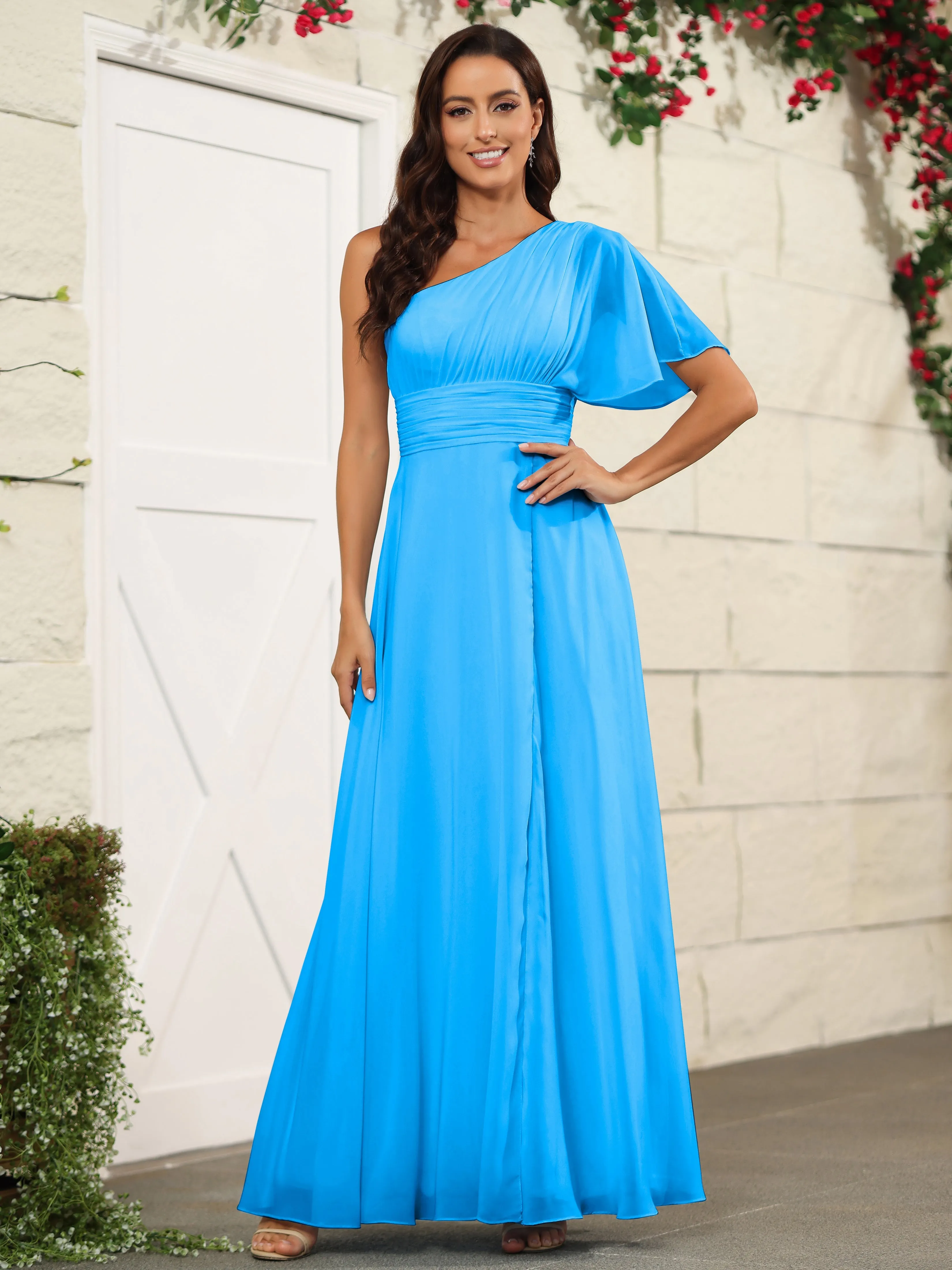 Simple One Shoulder Chiffon Floor Length Bridesmaid Dresses