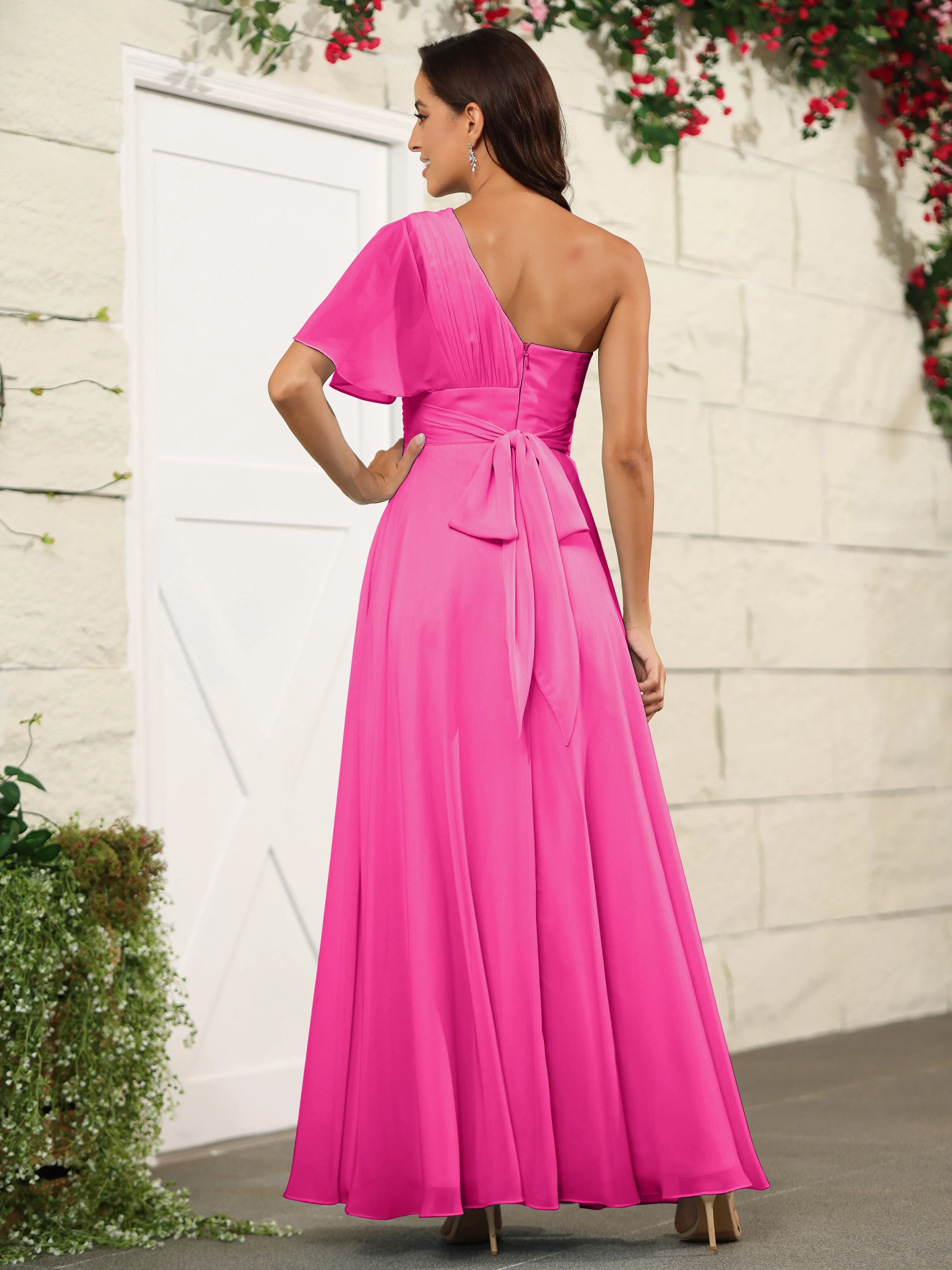 Simple One Shoulder Chiffon Floor Length Bridesmaid Dresses