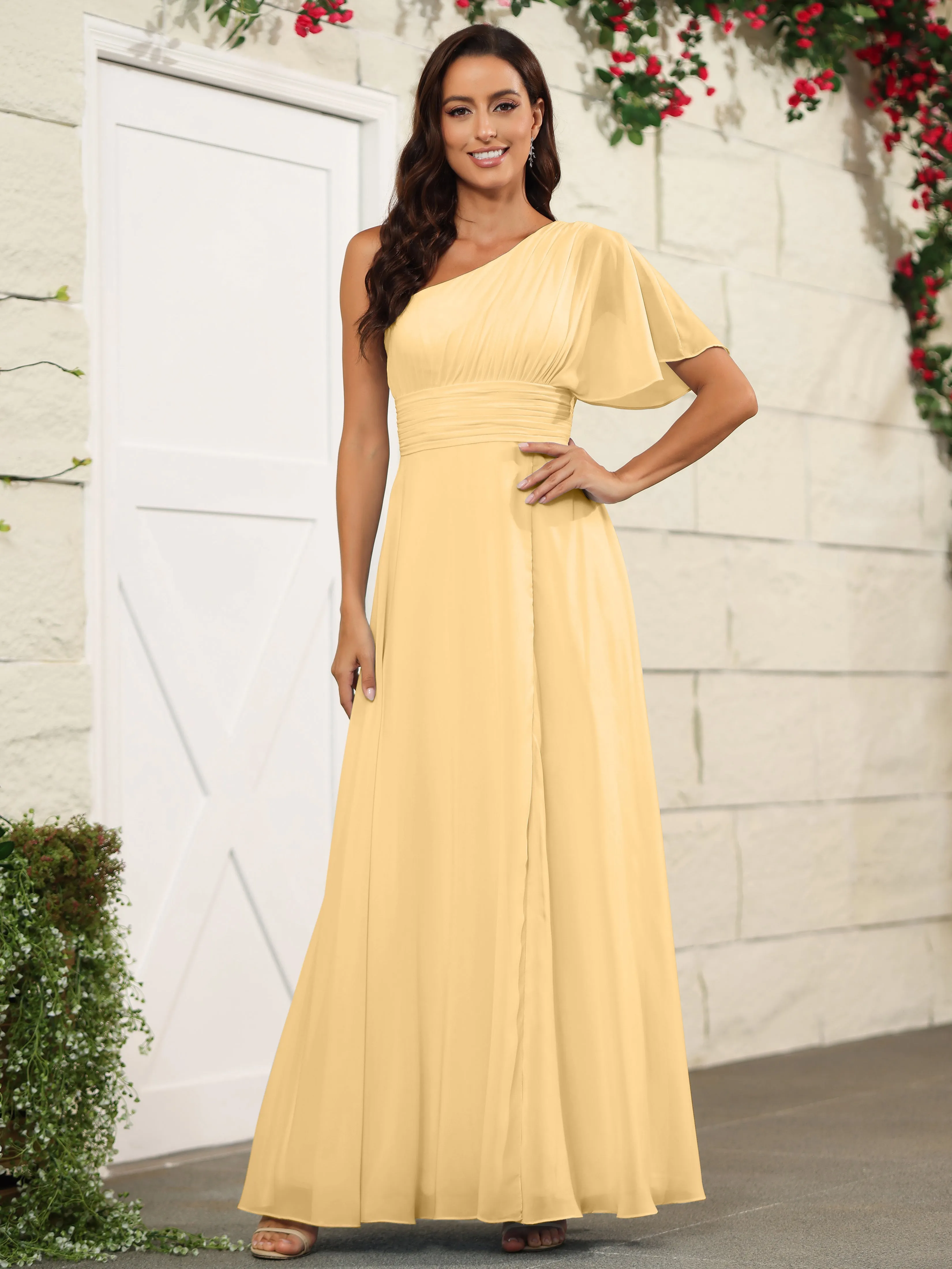 Simple One Shoulder Chiffon Floor Length Bridesmaid Dresses