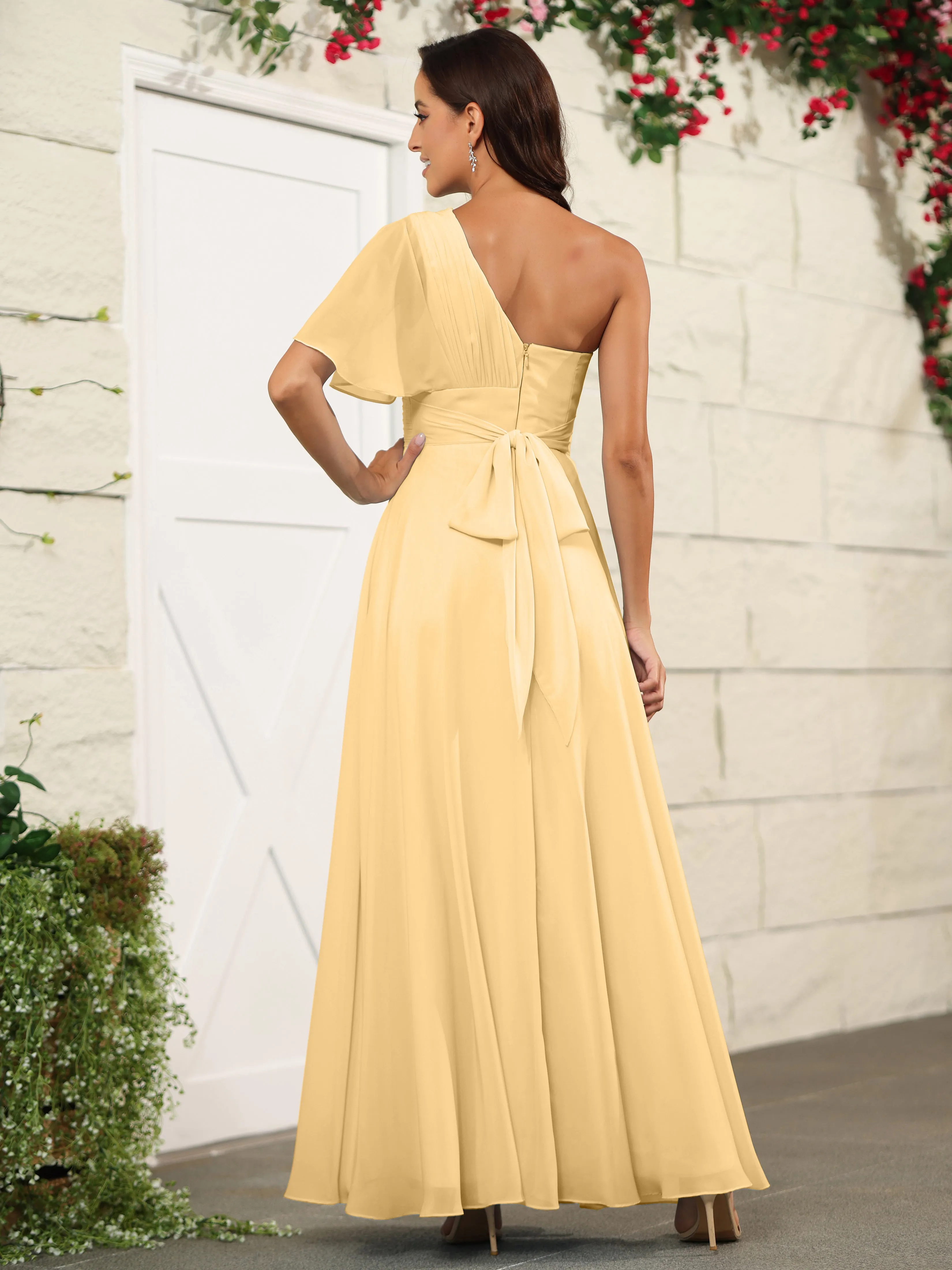 Simple One Shoulder Chiffon Floor Length Bridesmaid Dresses