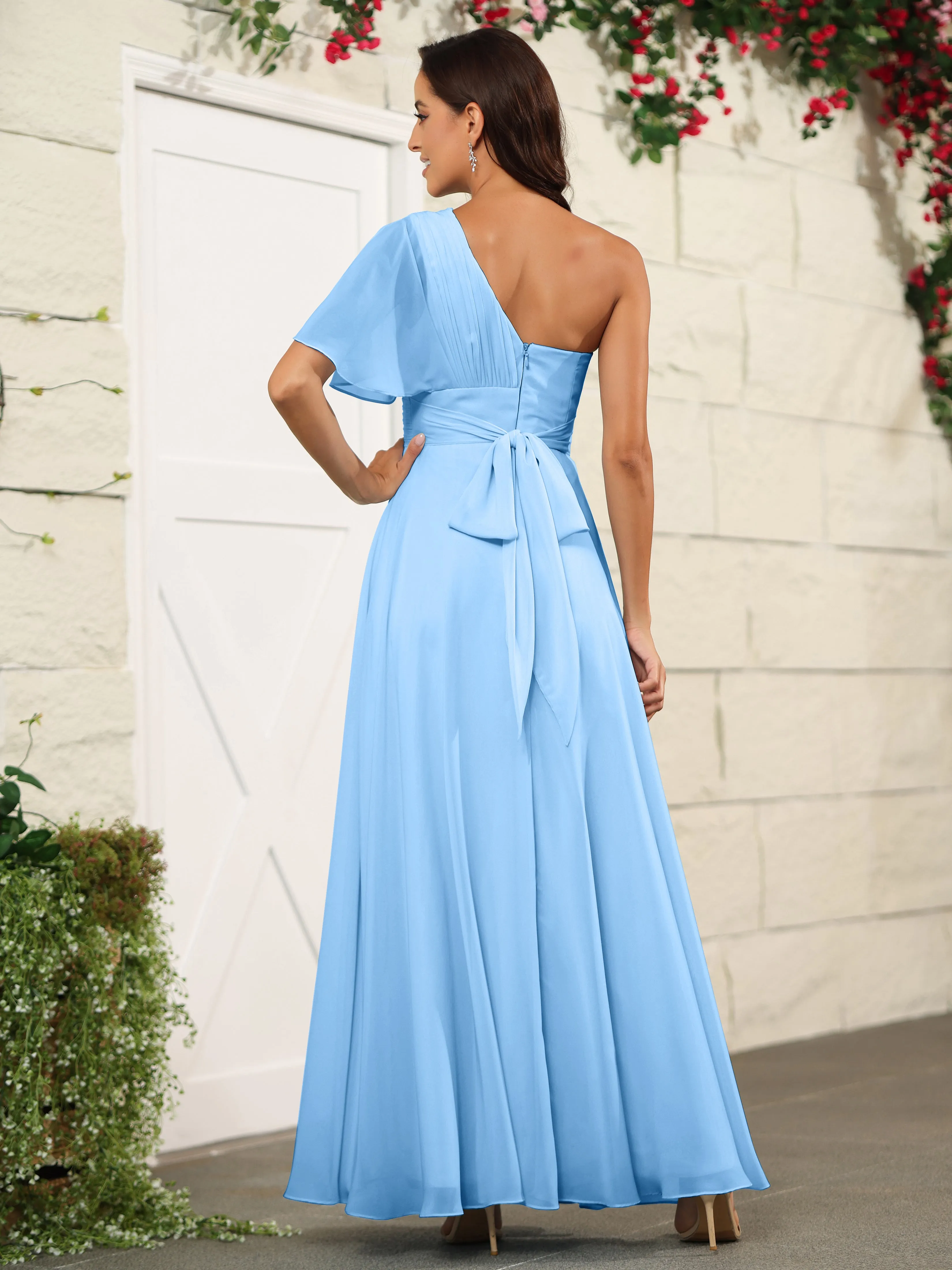 Simple One Shoulder Chiffon Floor Length Bridesmaid Dresses