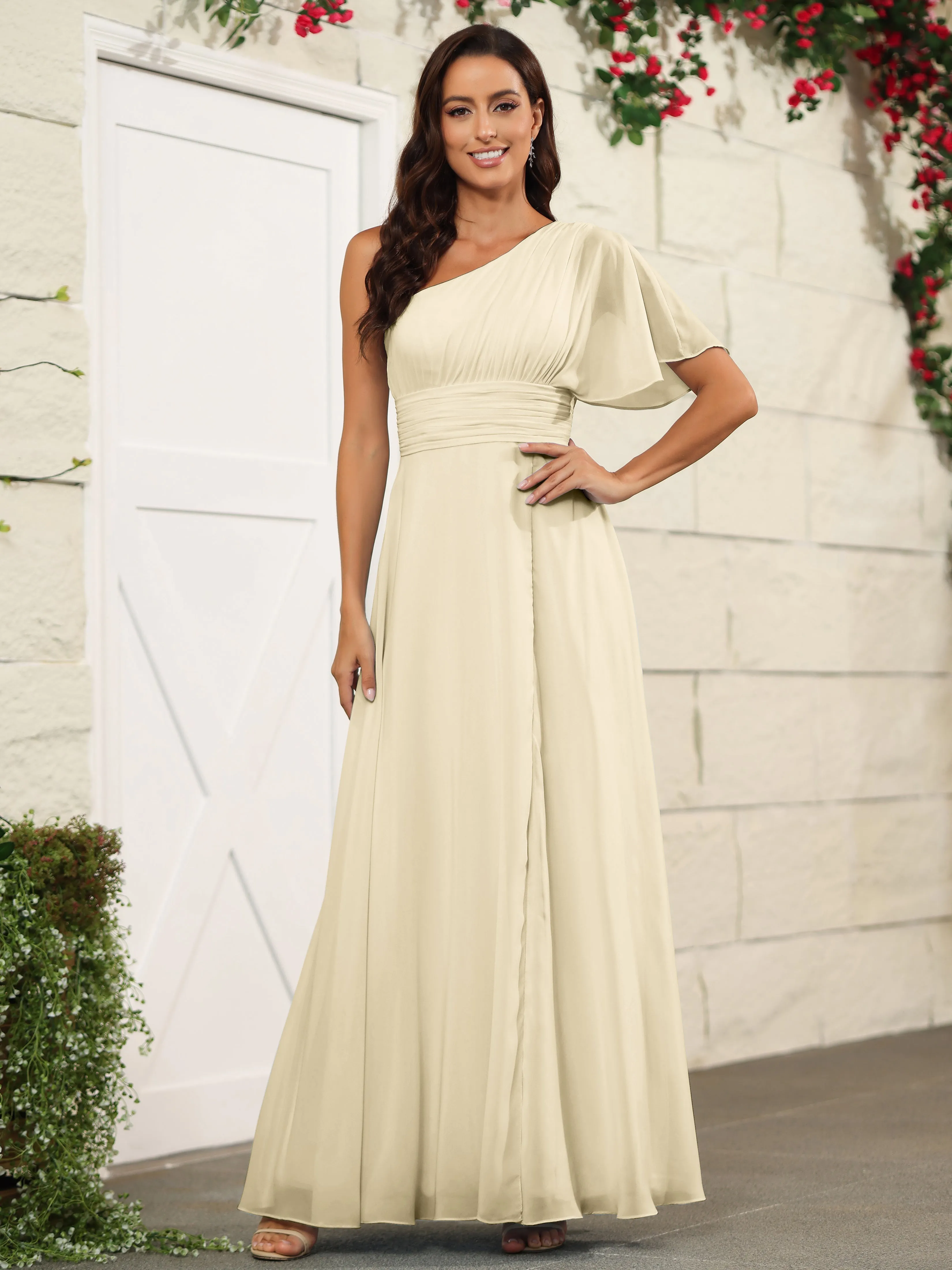 Simple One Shoulder Chiffon Floor Length Bridesmaid Dresses