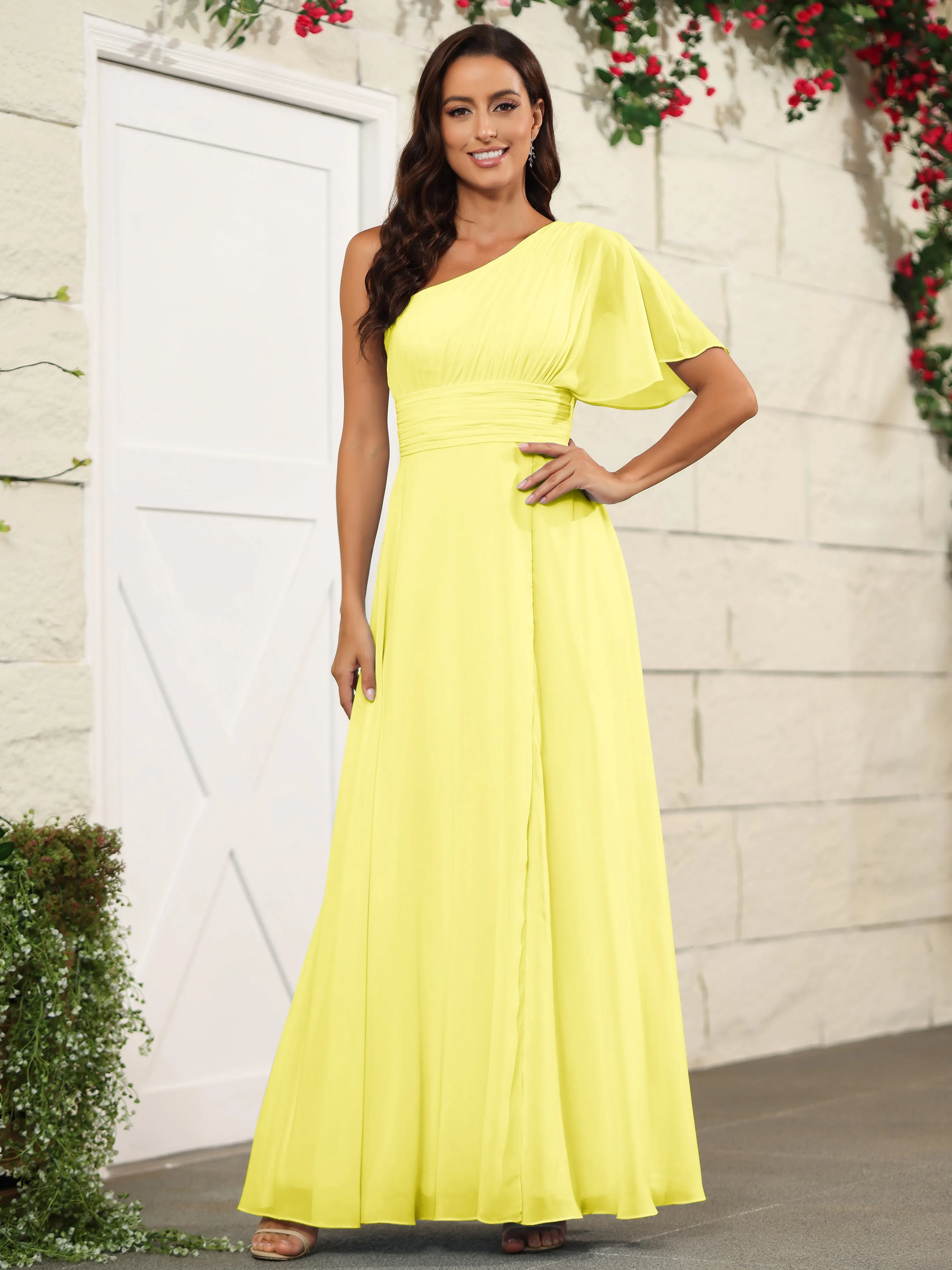 Simple One Shoulder Chiffon Floor Length Bridesmaid Dresses
