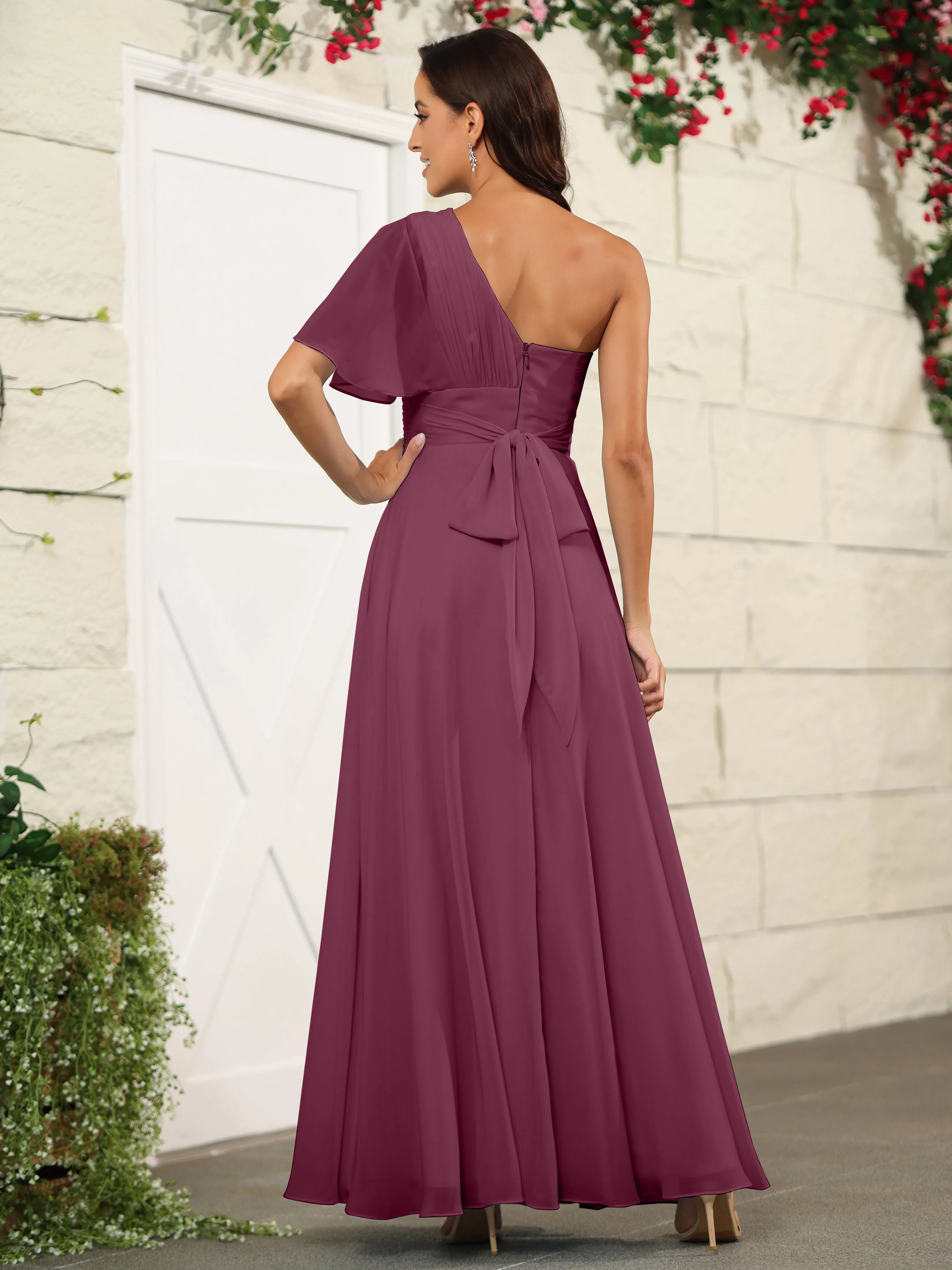 Simple One Shoulder Chiffon Floor Length Bridesmaid Dresses