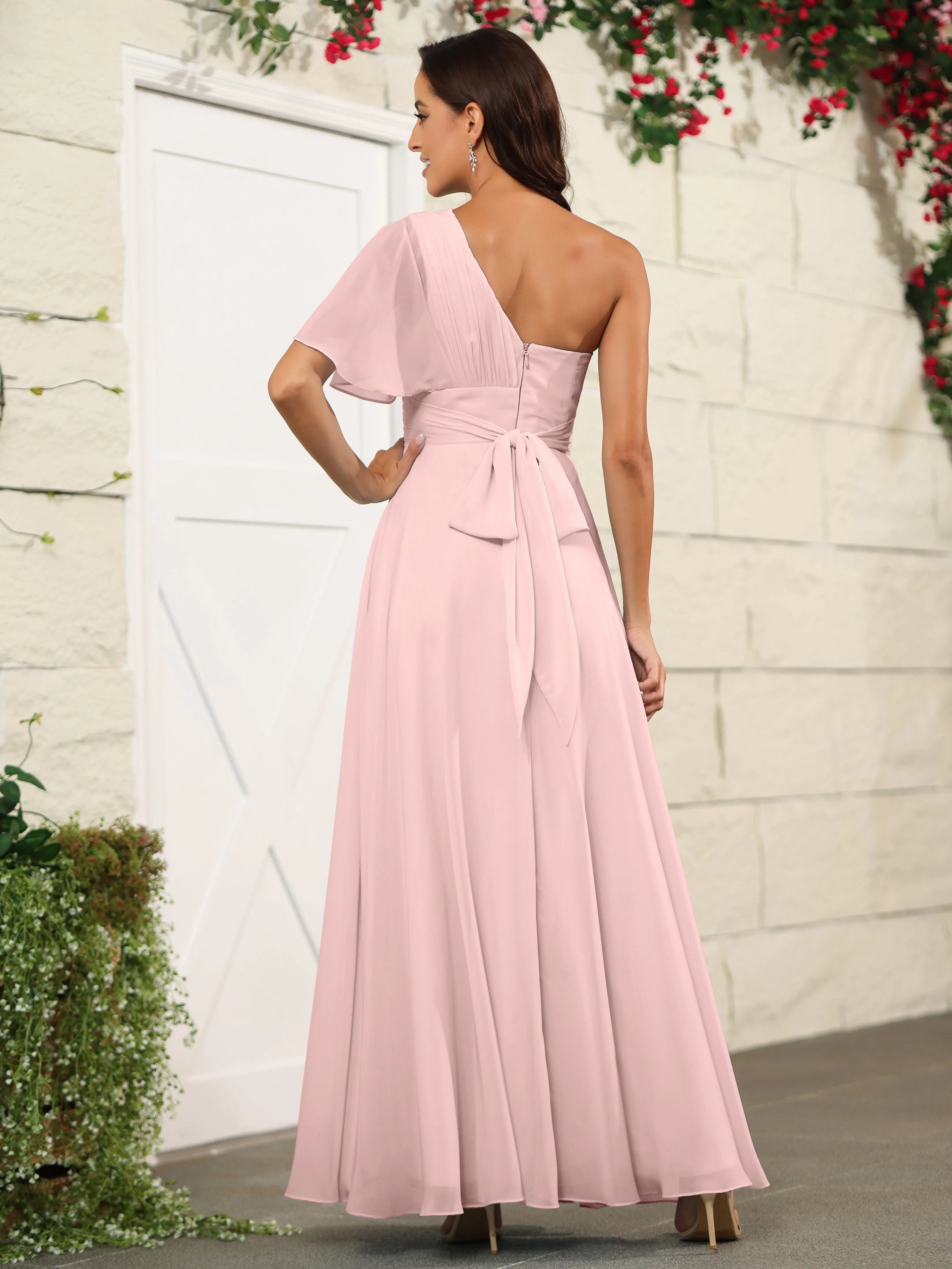 Simple One Shoulder Chiffon Floor Length Bridesmaid Dresses