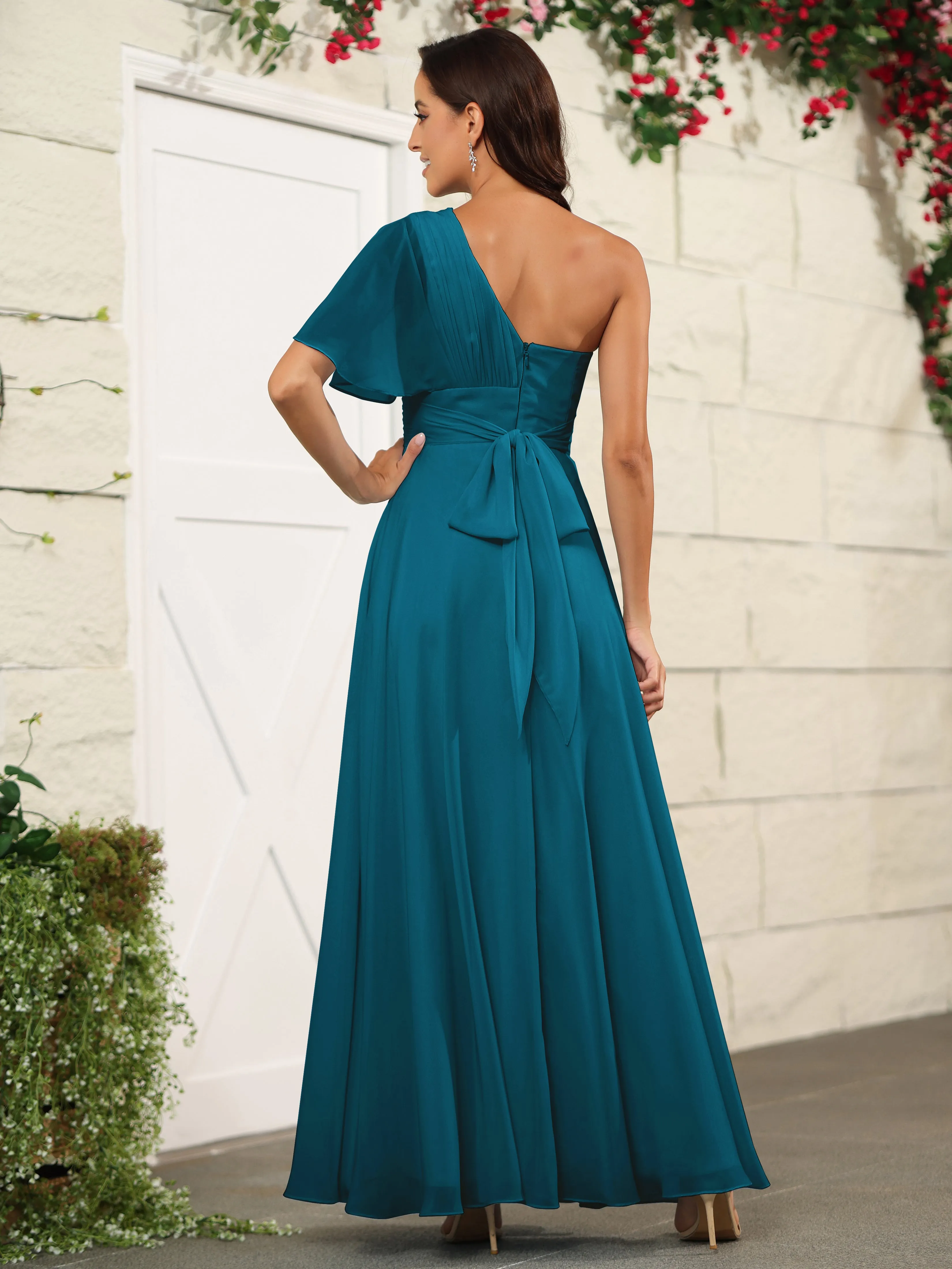 Simple One Shoulder Chiffon Floor Length Bridesmaid Dresses