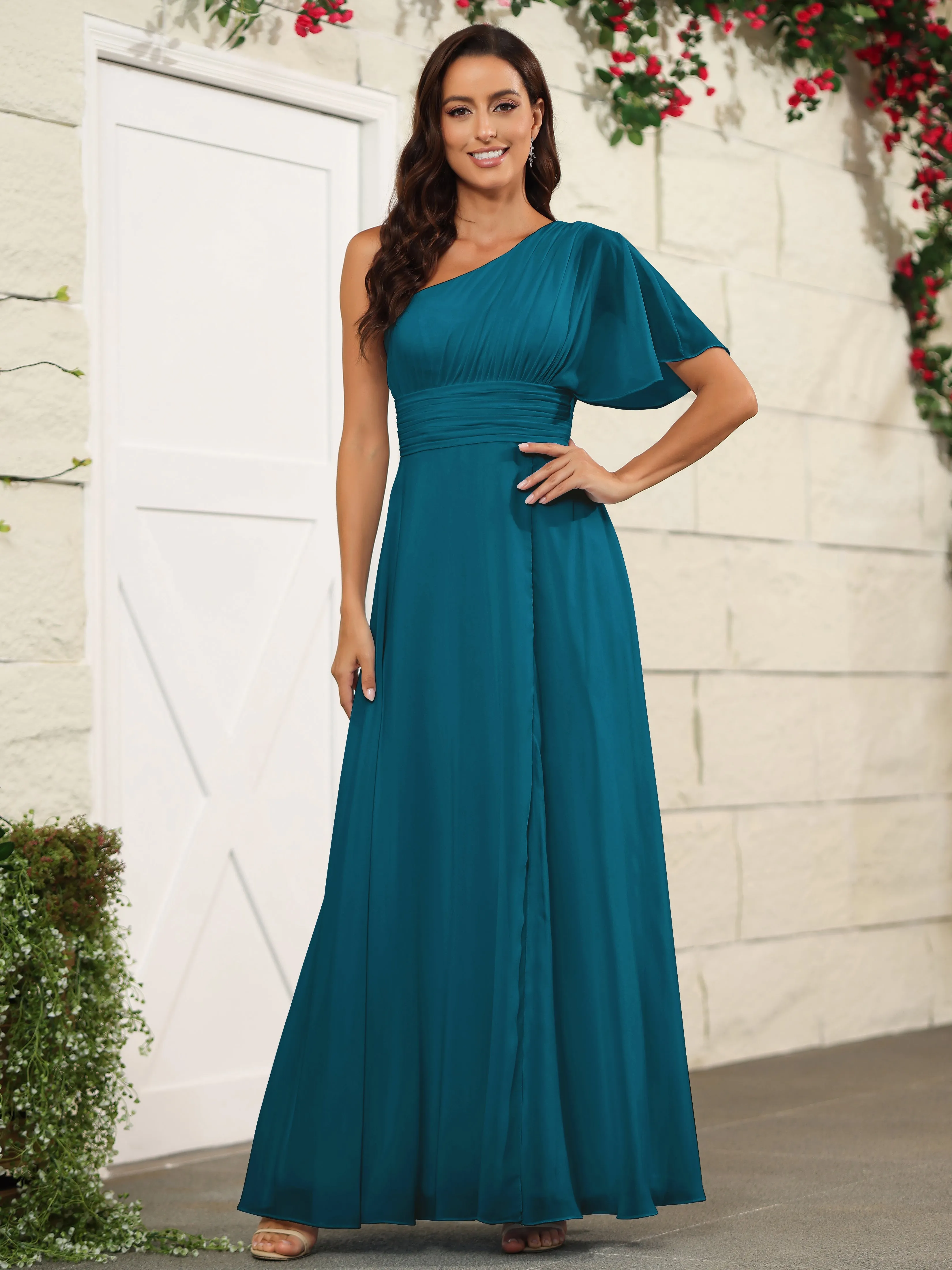 Simple One Shoulder Chiffon Floor Length Bridesmaid Dresses