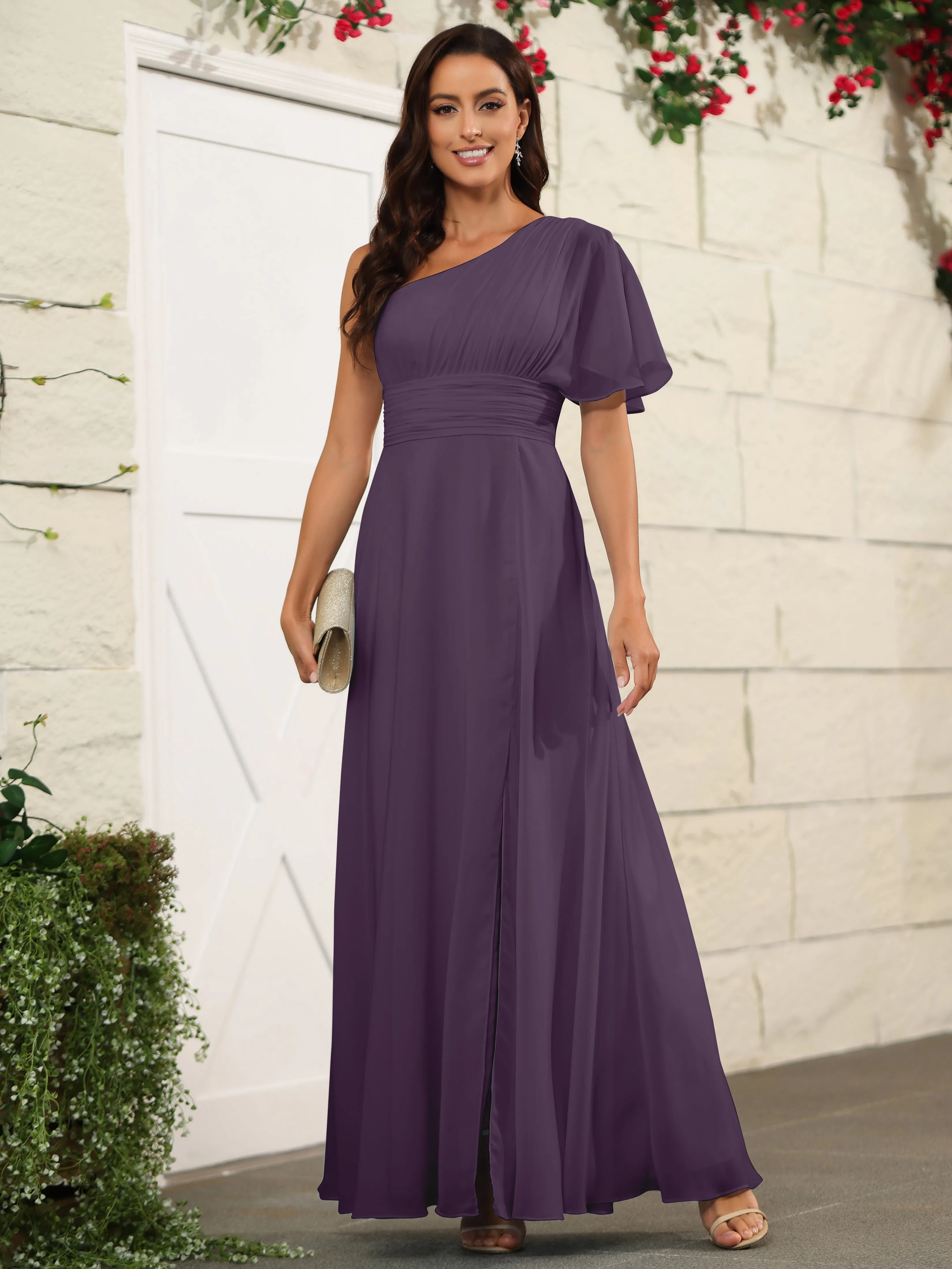 Simple One Shoulder Chiffon Floor Length Bridesmaid Dresses