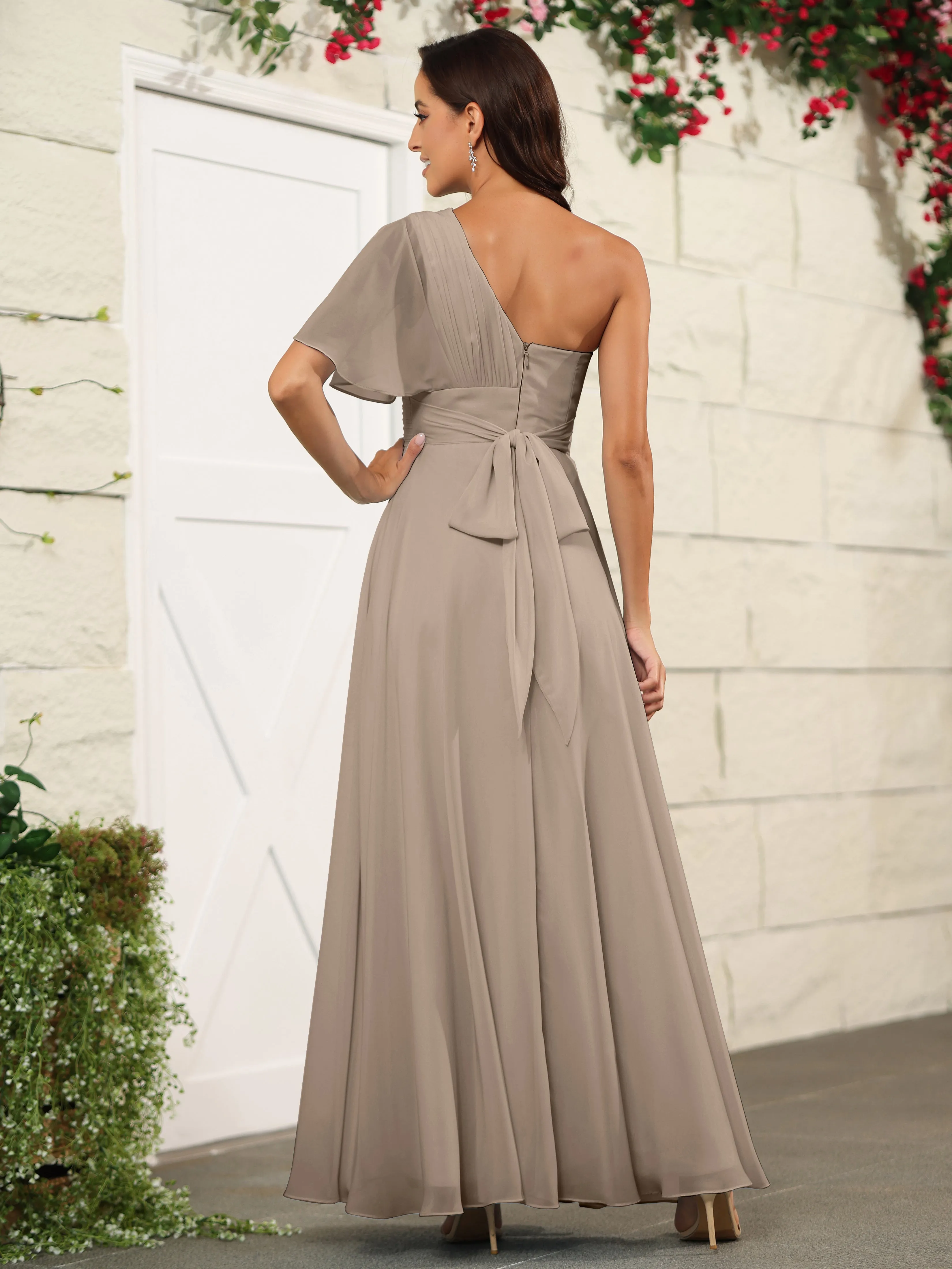 Simple One Shoulder Chiffon Floor Length Bridesmaid Dresses