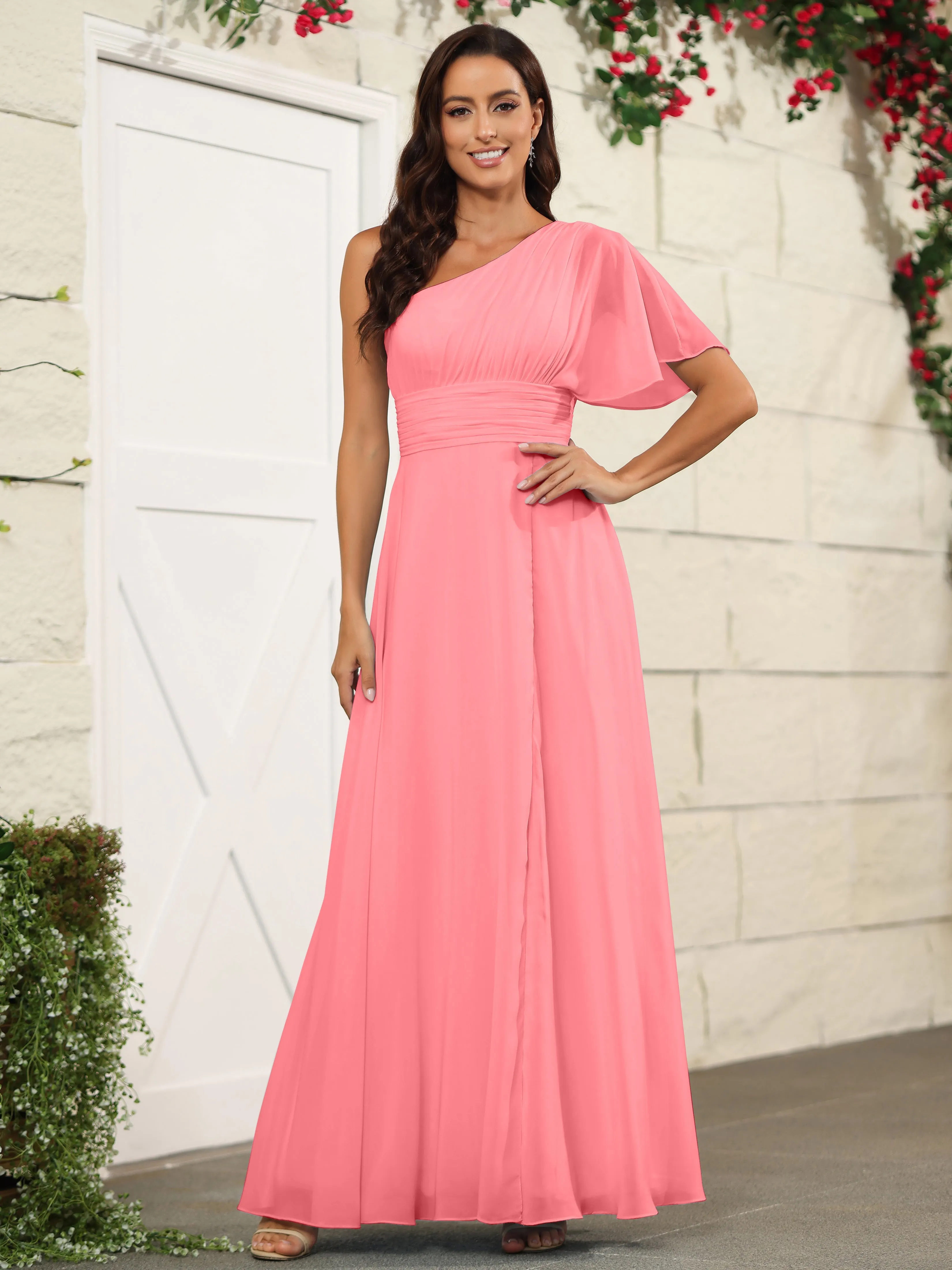 Simple One Shoulder Chiffon Floor Length Bridesmaid Dresses