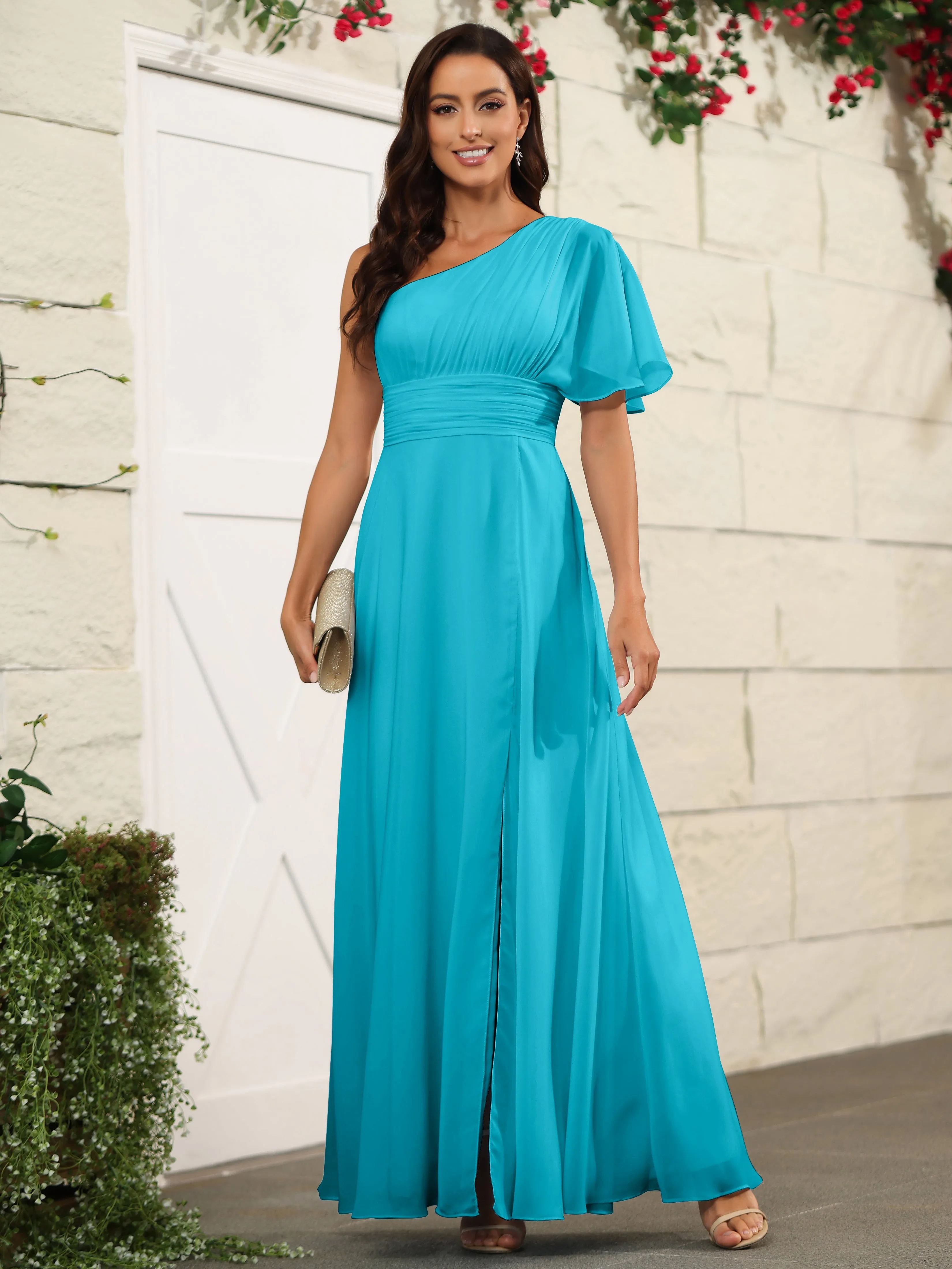 Simple One Shoulder Chiffon Floor Length Bridesmaid Dresses