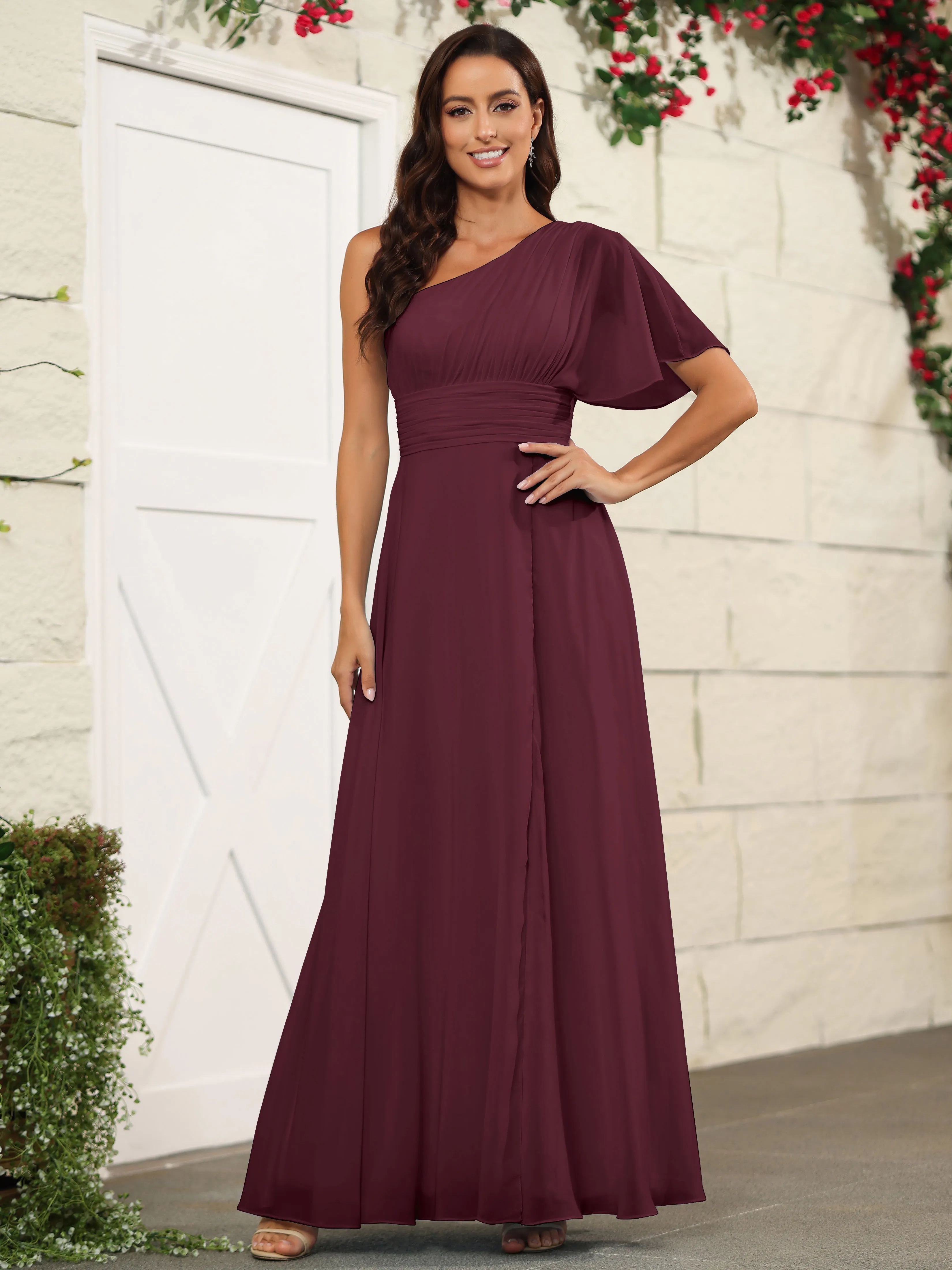 Simple One Shoulder Chiffon Floor Length Bridesmaid Dresses