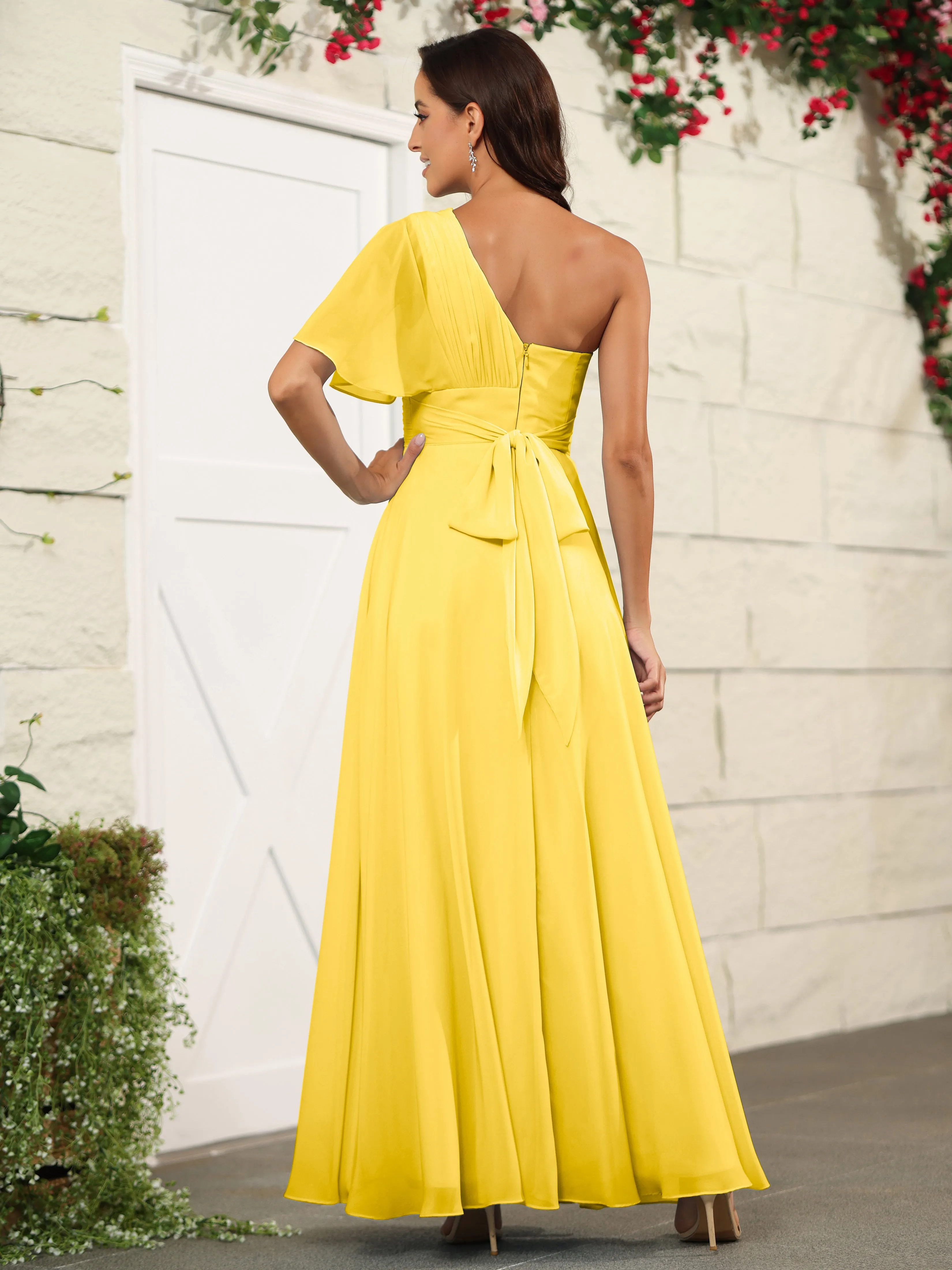Simple One Shoulder Chiffon Floor Length Bridesmaid Dresses