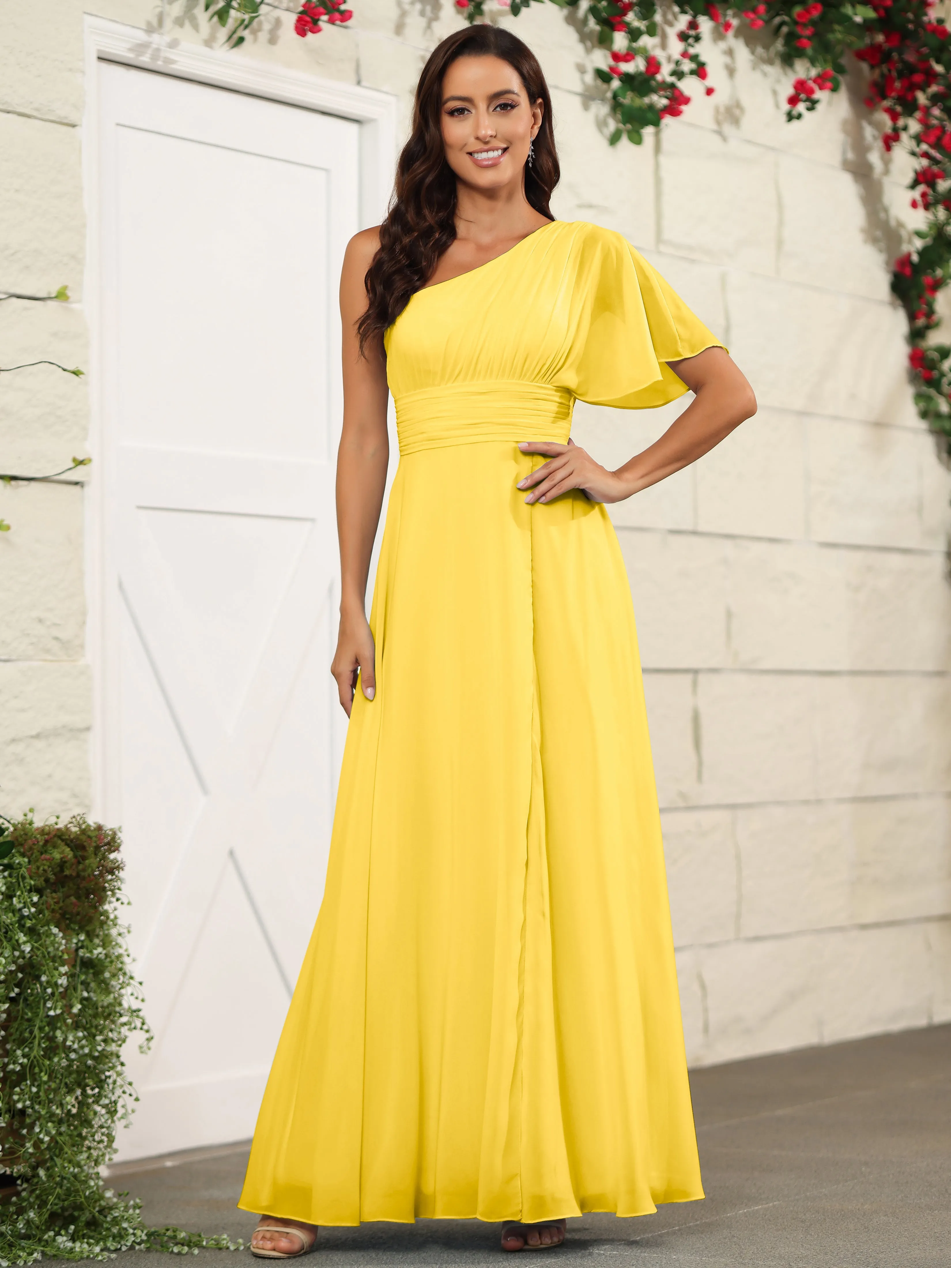 Simple One Shoulder Chiffon Floor Length Bridesmaid Dresses