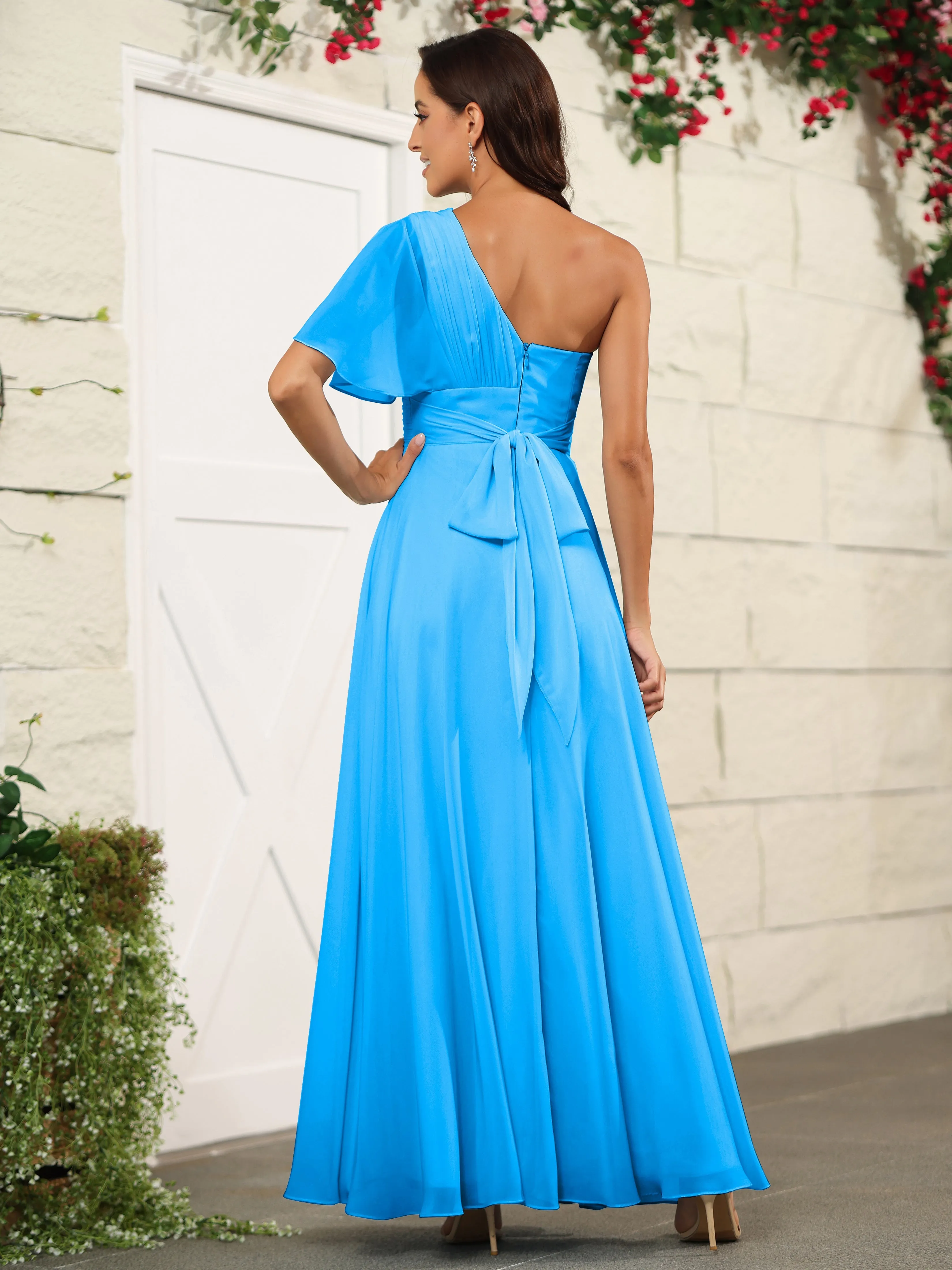 Simple One Shoulder Chiffon Floor Length Bridesmaid Dresses