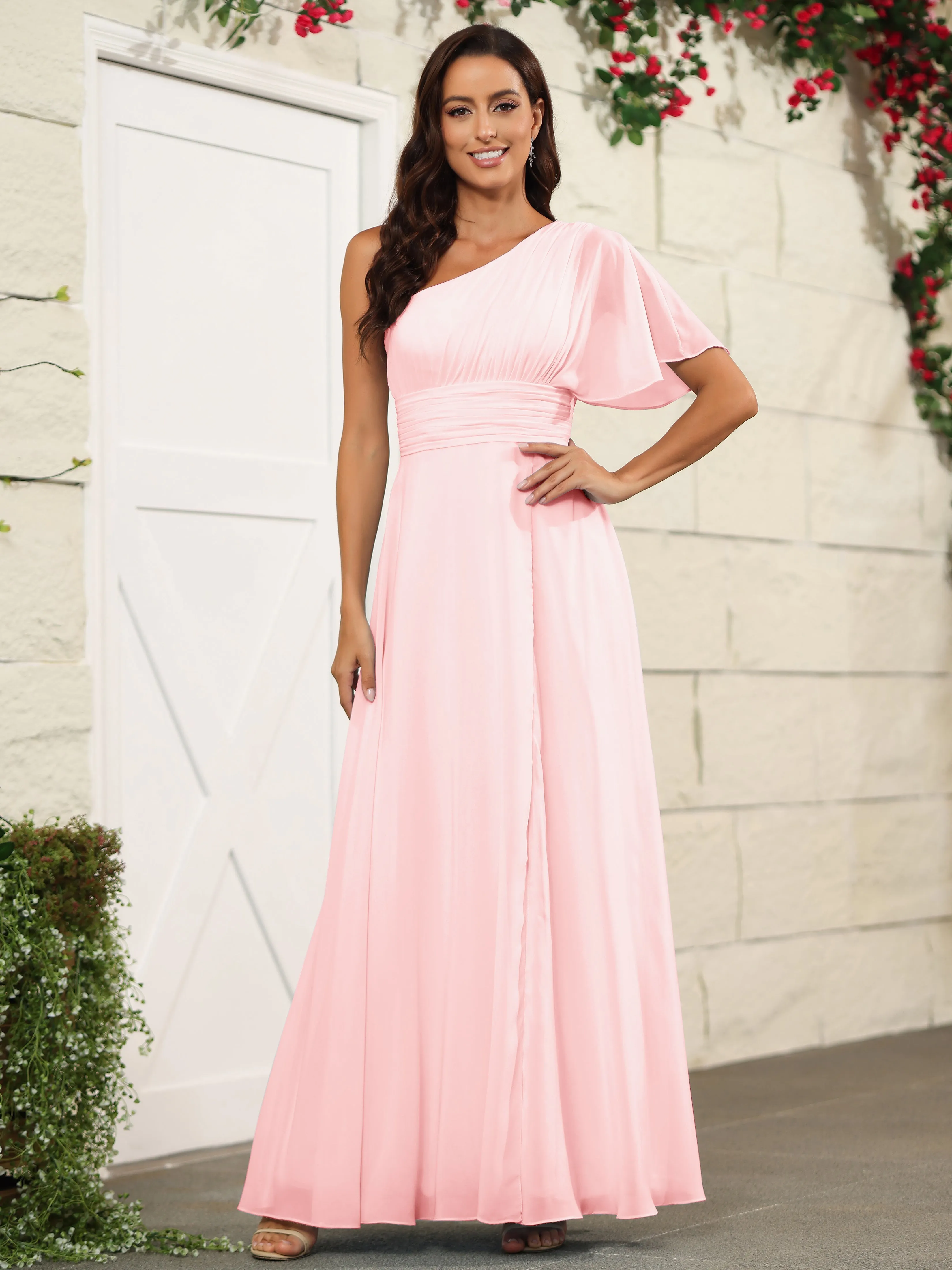 Simple One Shoulder Chiffon Floor Length Bridesmaid Dresses