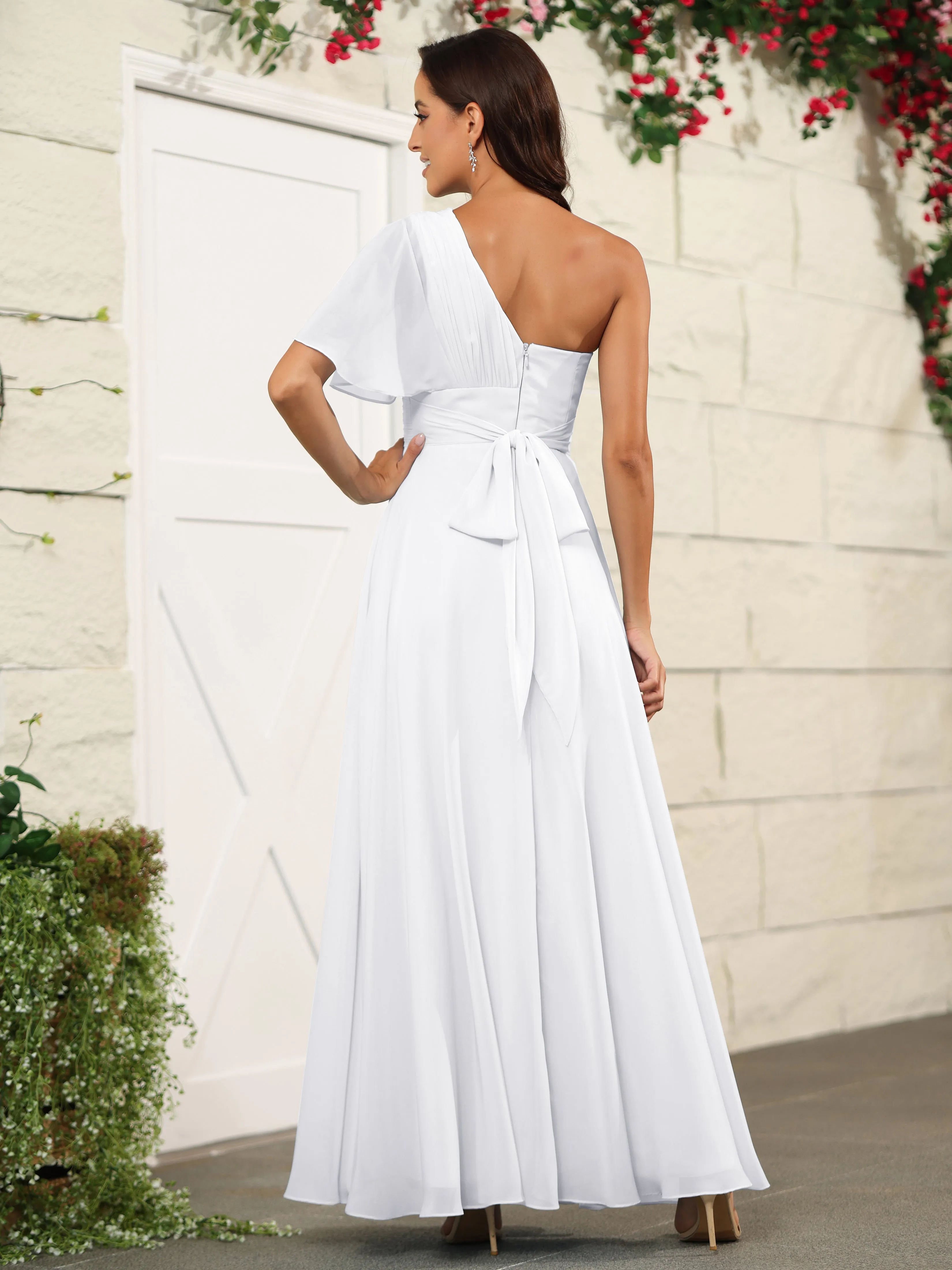 Simple One Shoulder Chiffon Floor Length Bridesmaid Dresses