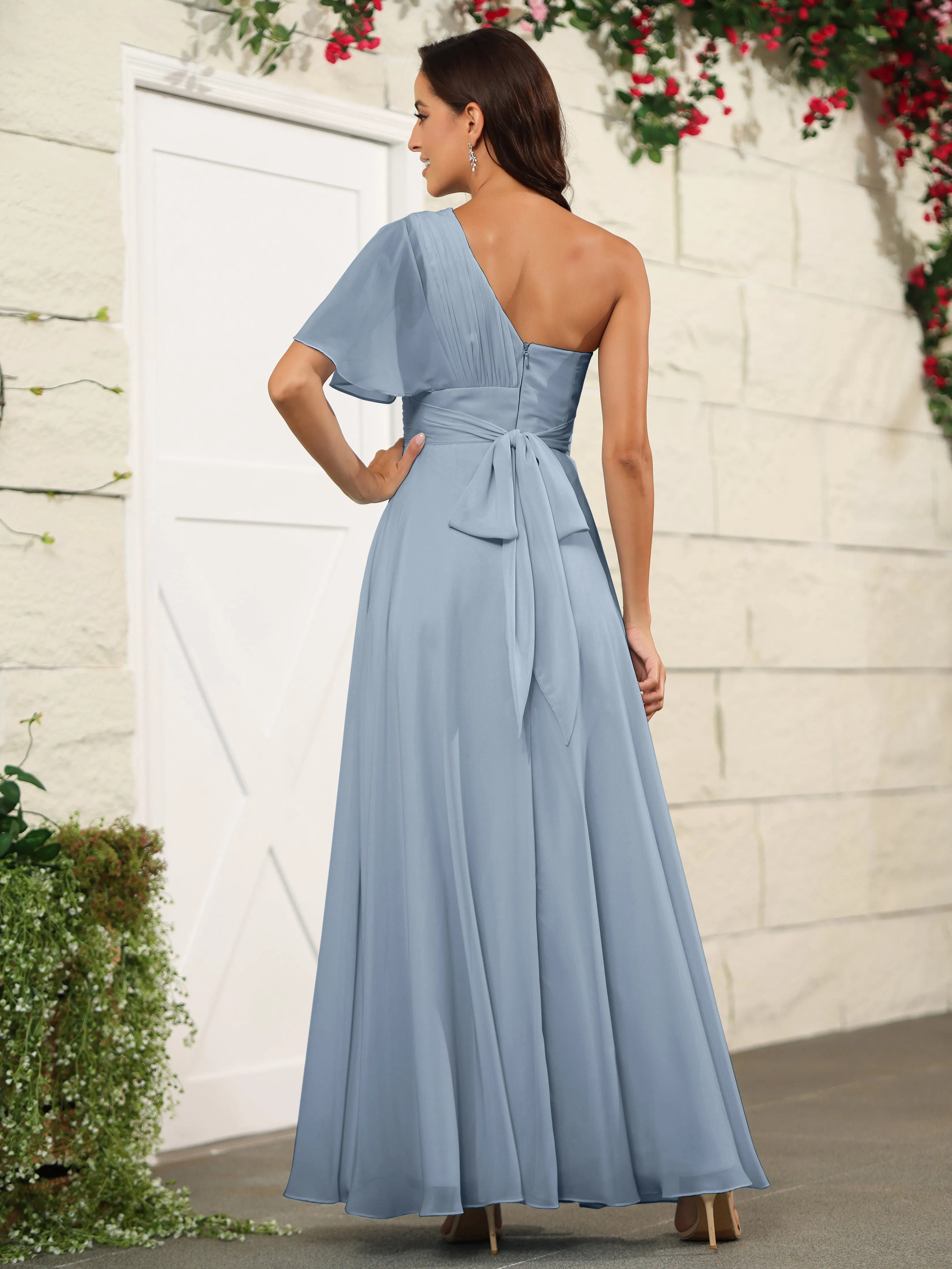Simple One Shoulder Chiffon Floor Length Bridesmaid Dresses