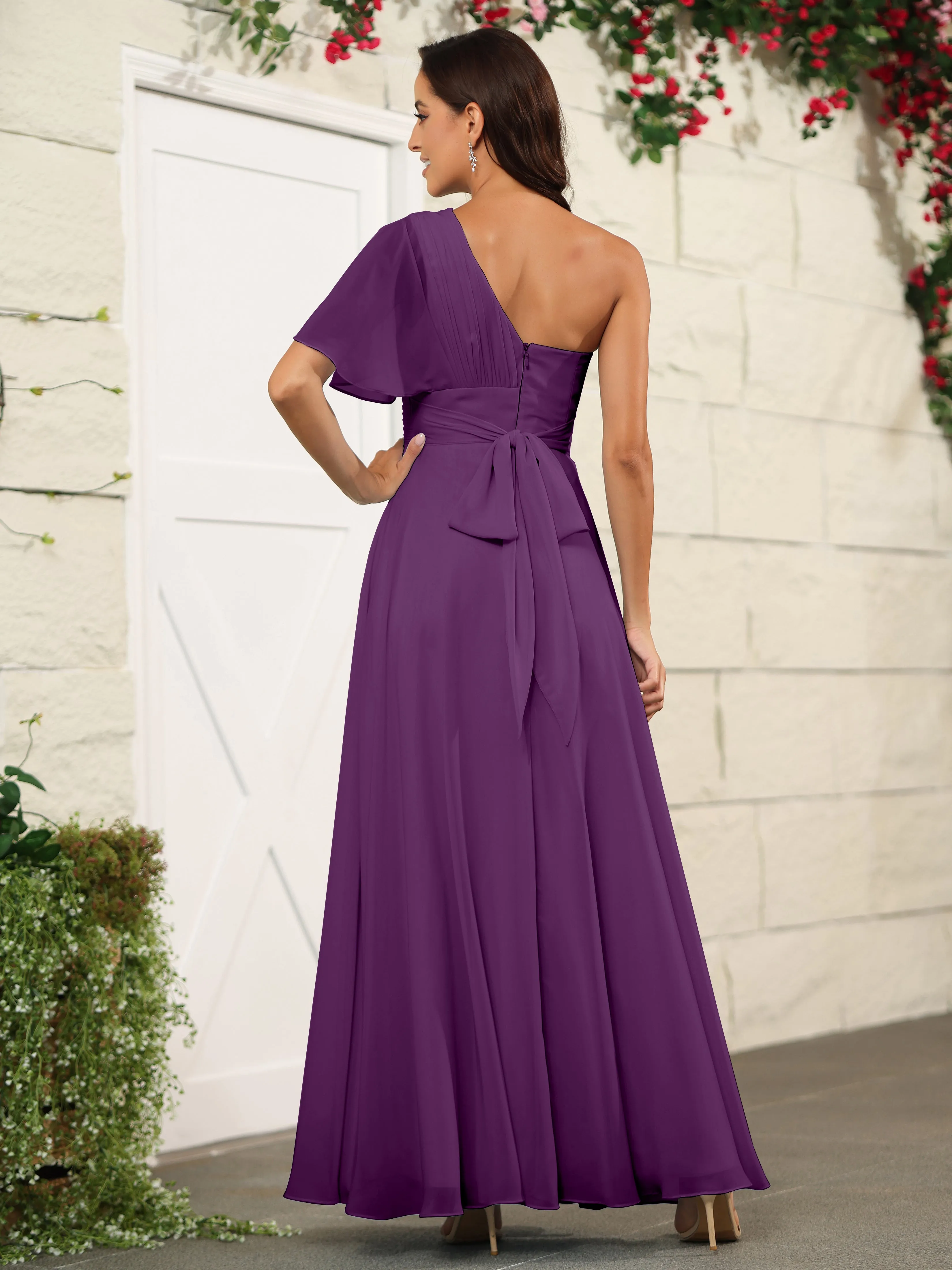 Simple One Shoulder Chiffon Floor Length Bridesmaid Dresses