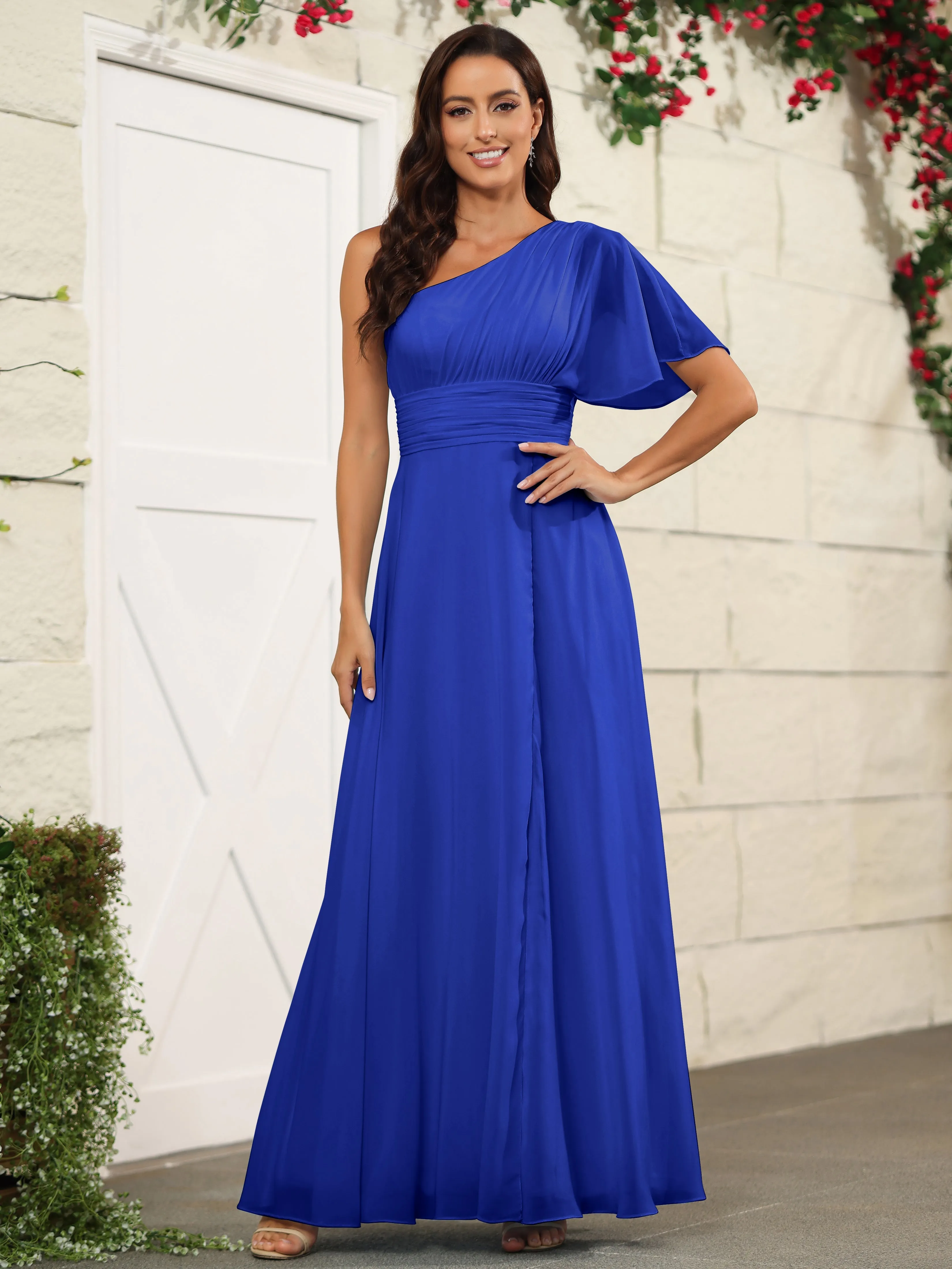 Simple One Shoulder Chiffon Floor Length Bridesmaid Dresses
