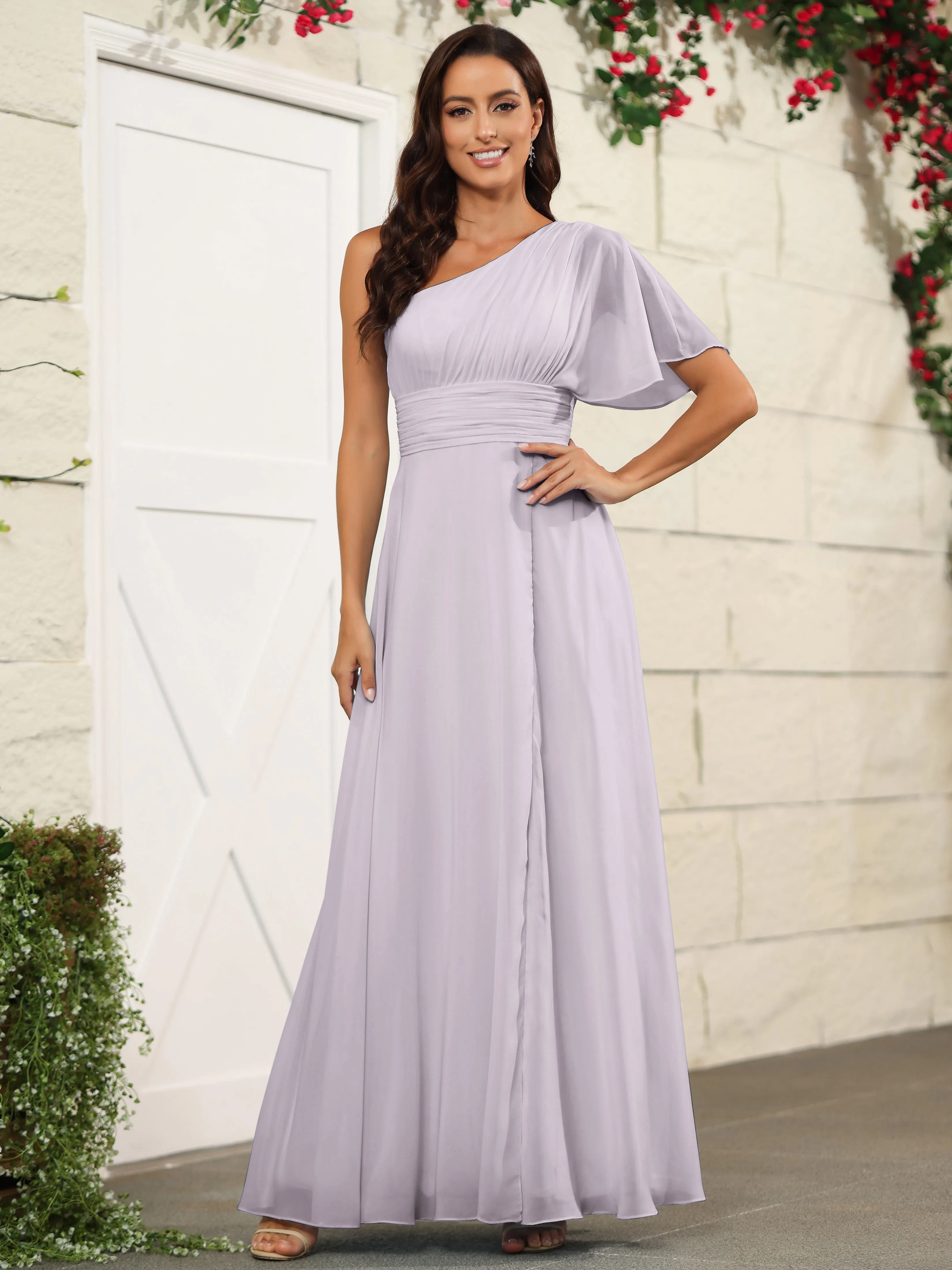 Simple One Shoulder Chiffon Floor Length Bridesmaid Dresses