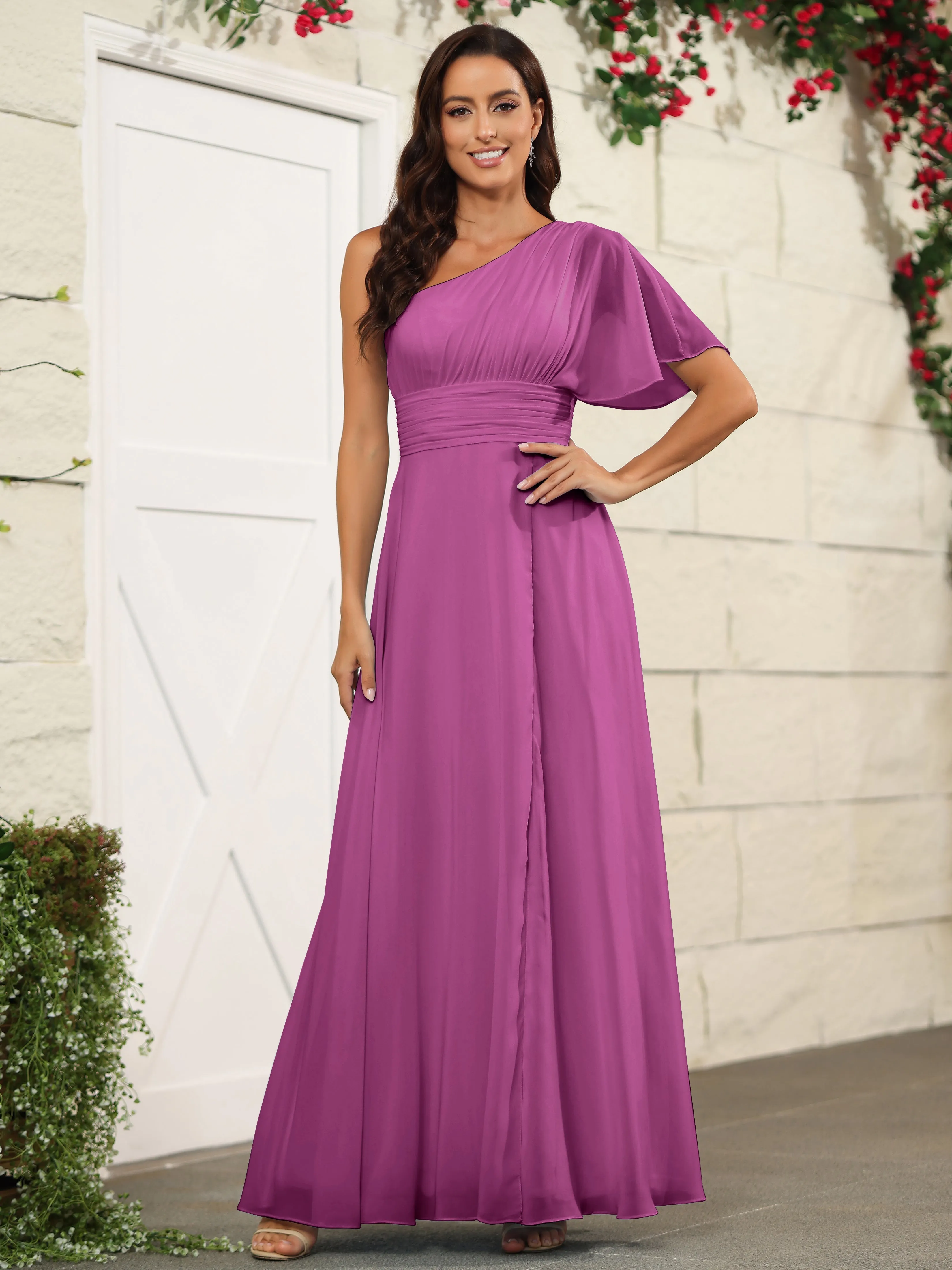 Simple One Shoulder Chiffon Floor Length Bridesmaid Dresses