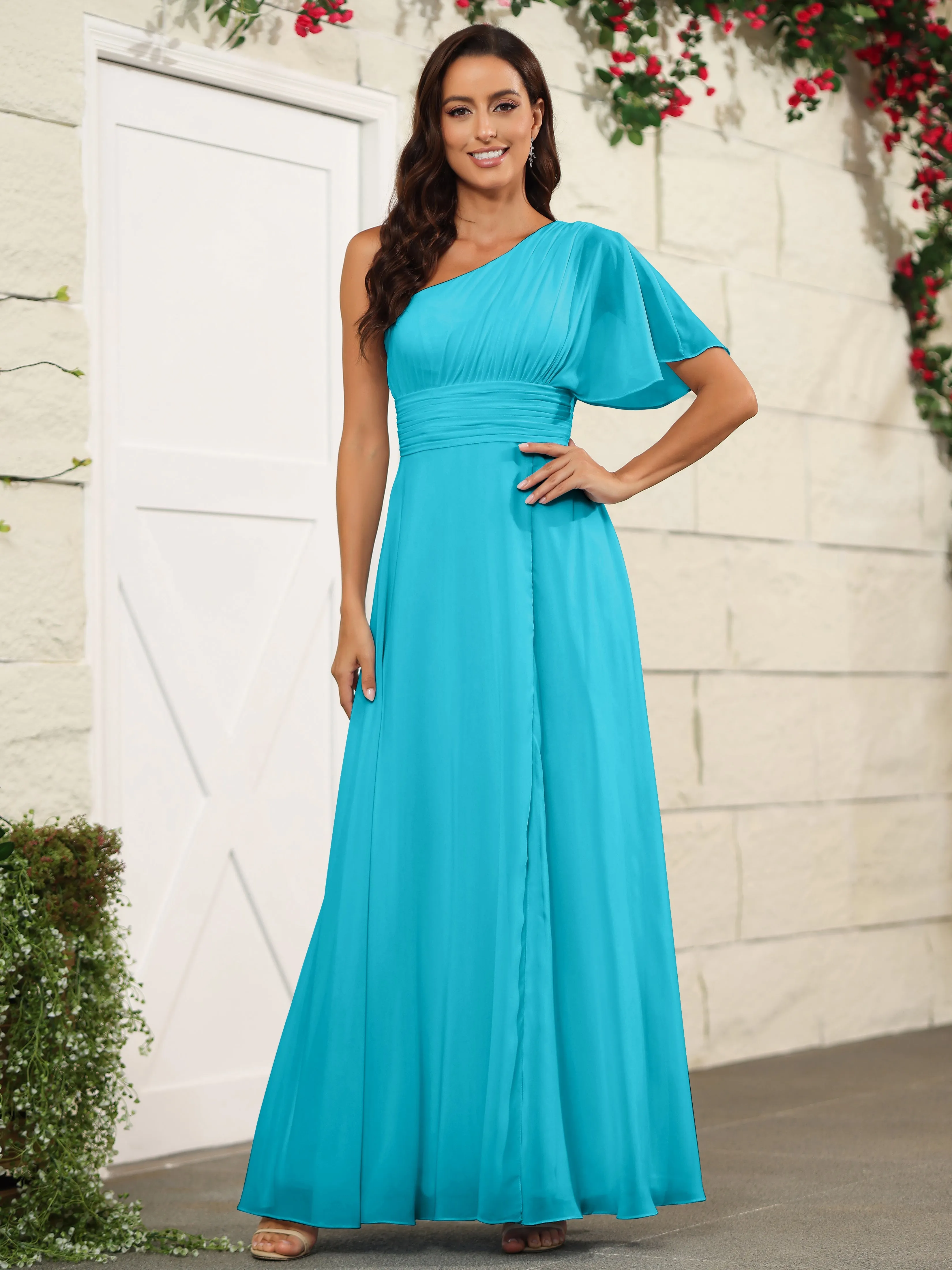Simple One Shoulder Chiffon Floor Length Bridesmaid Dresses