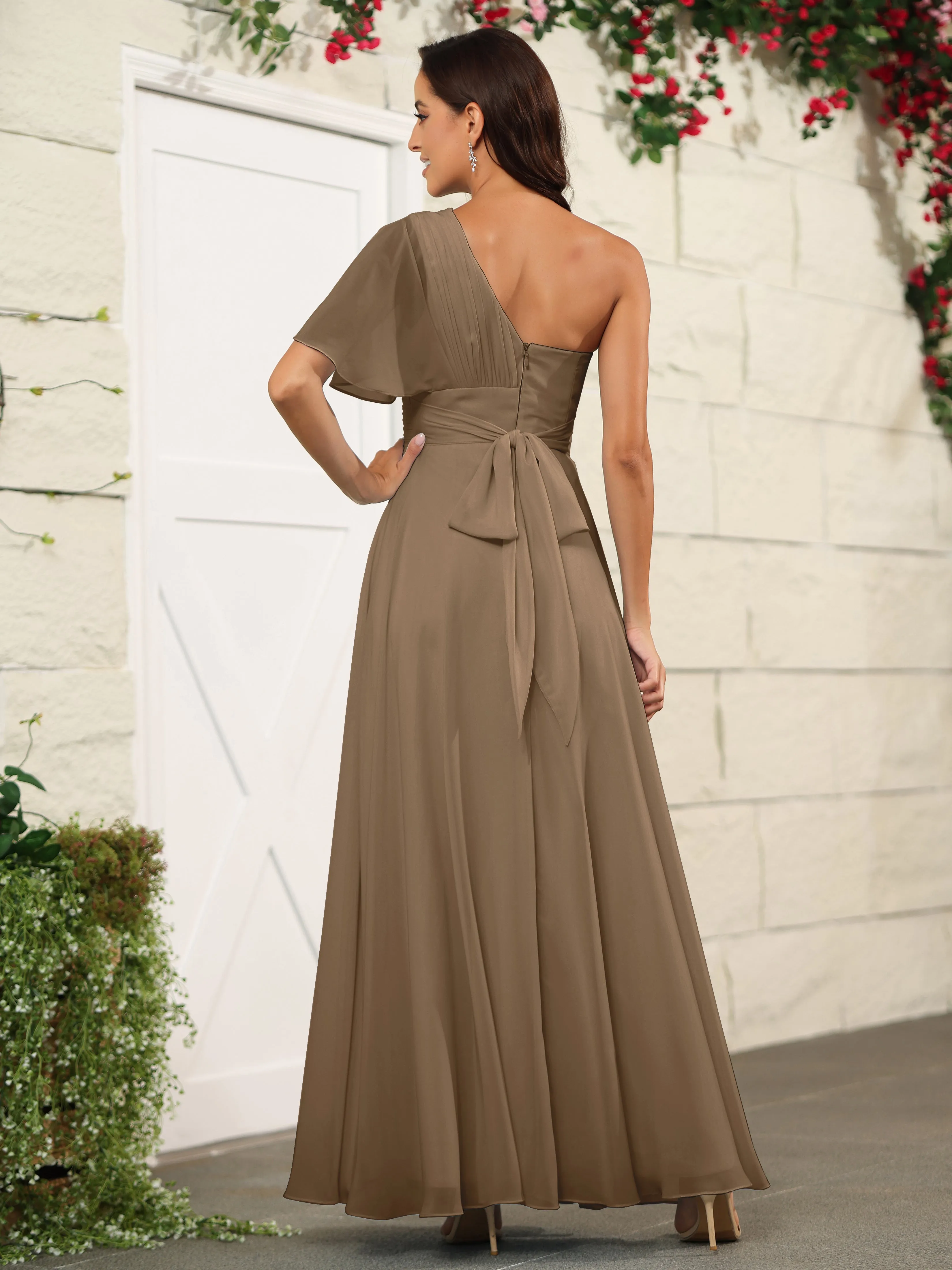 Simple One Shoulder Chiffon Floor Length Bridesmaid Dresses