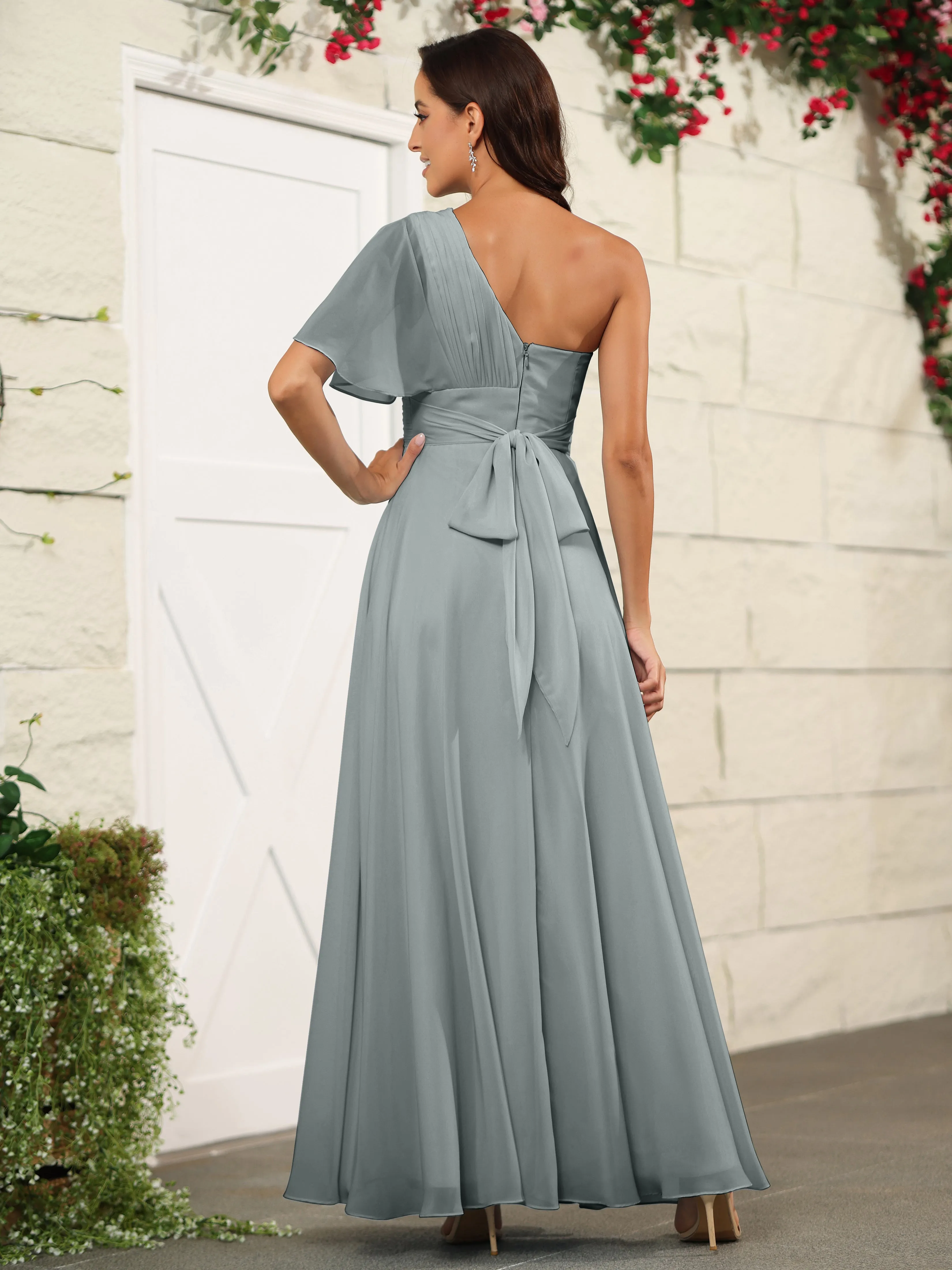 Simple One Shoulder Chiffon Floor Length Bridesmaid Dresses
