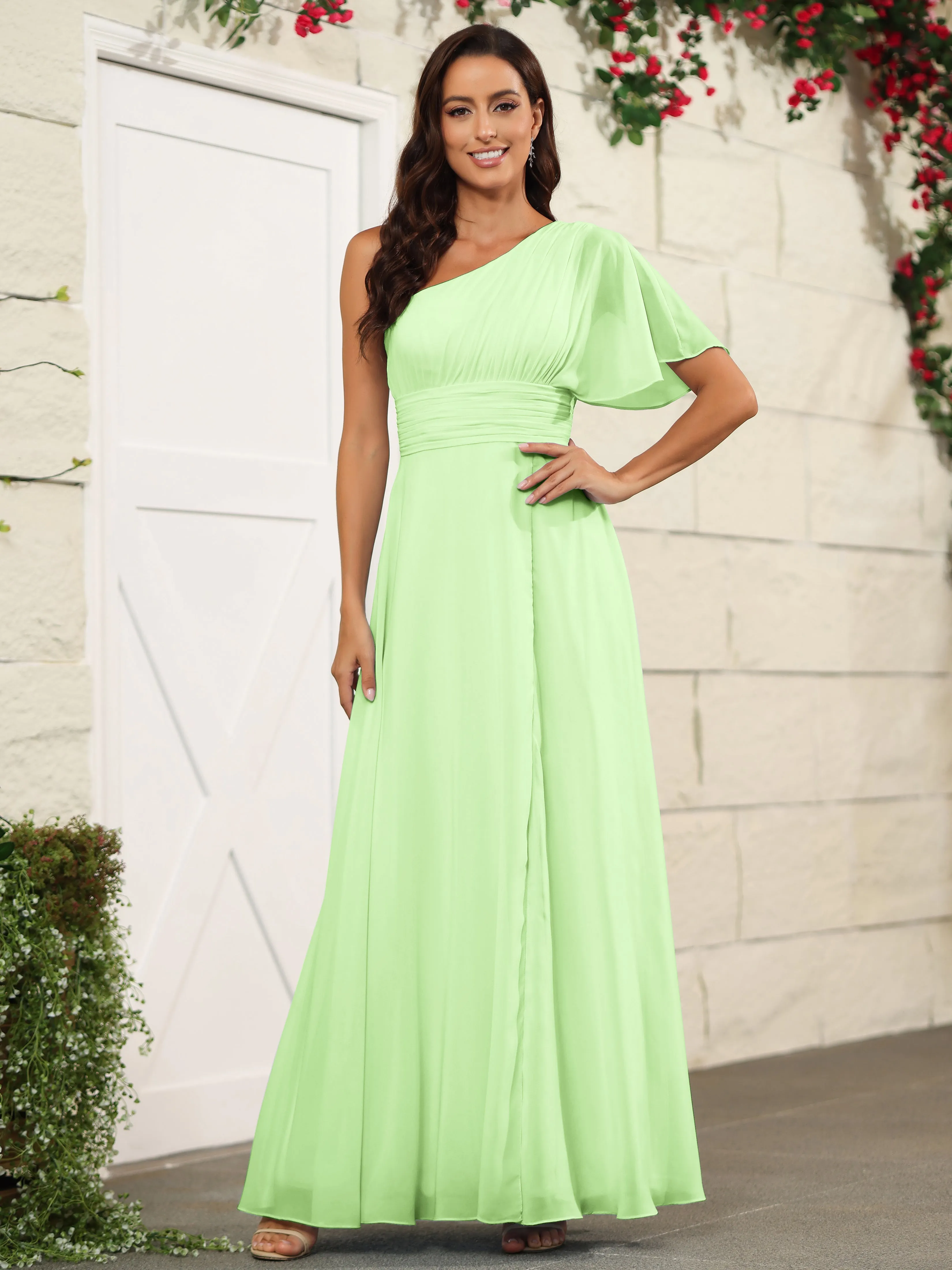 Simple One Shoulder Chiffon Floor Length Bridesmaid Dresses