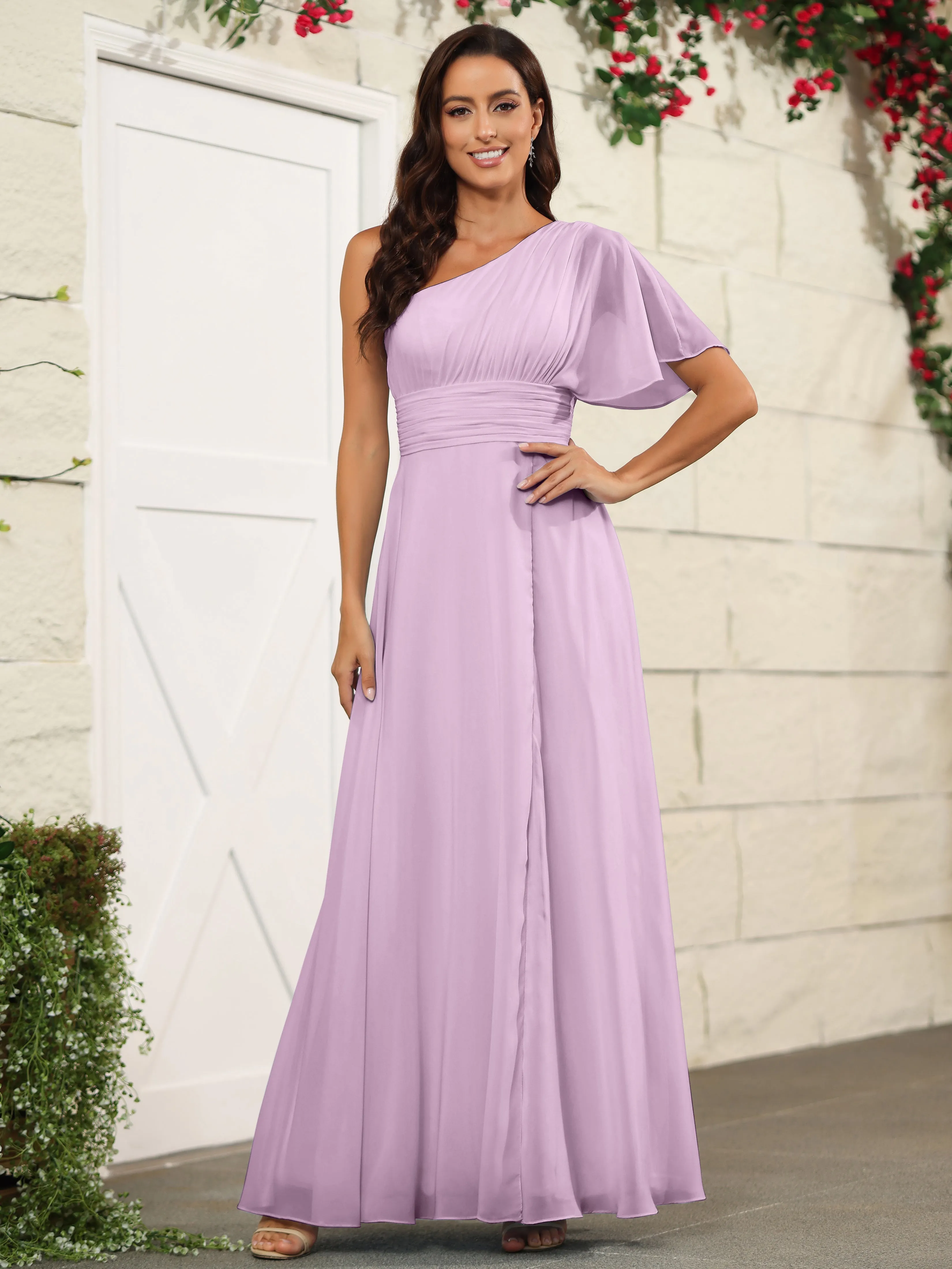 Simple One Shoulder Chiffon Floor Length Bridesmaid Dresses