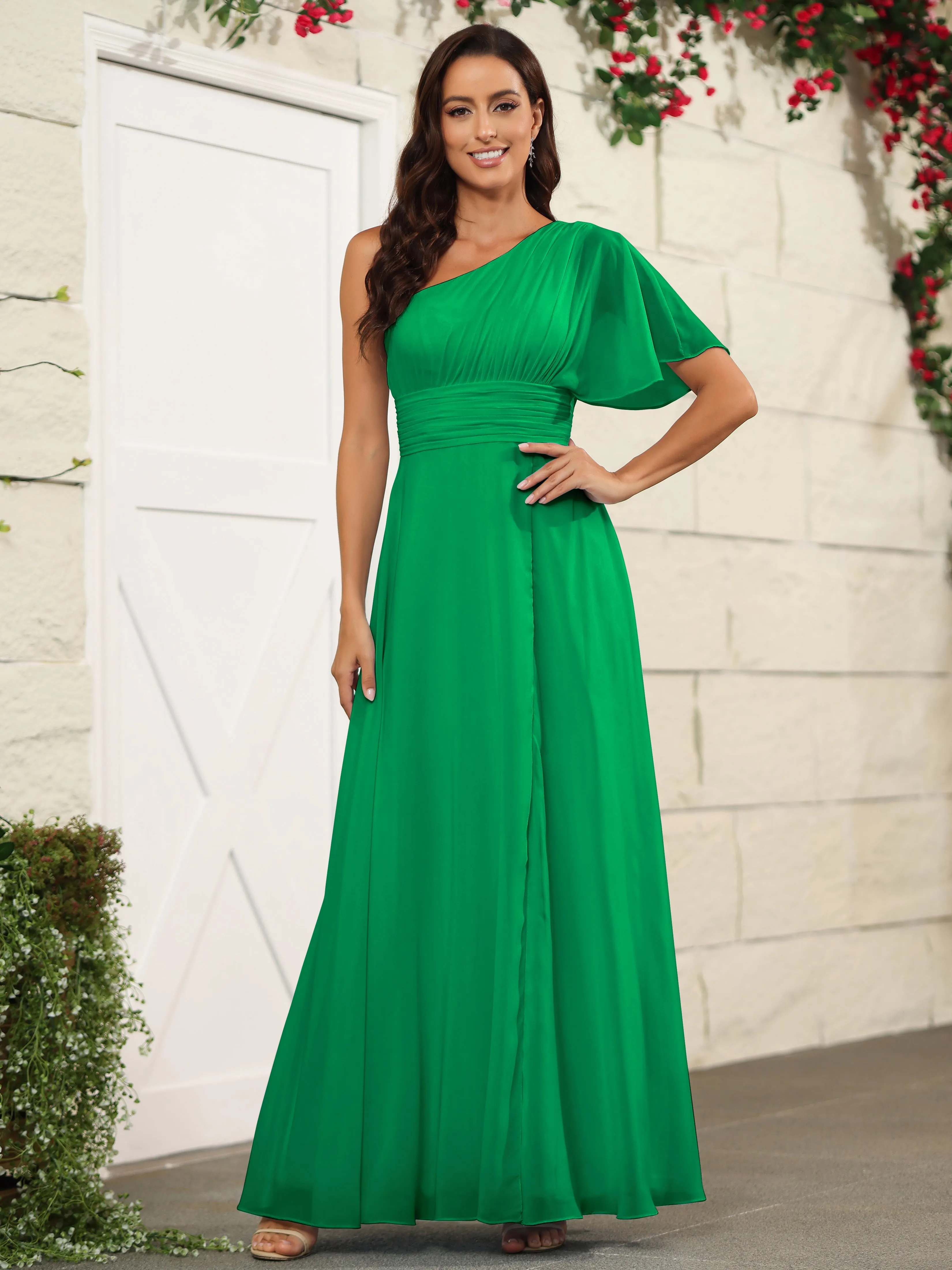 Simple One Shoulder Chiffon Floor Length Bridesmaid Dresses