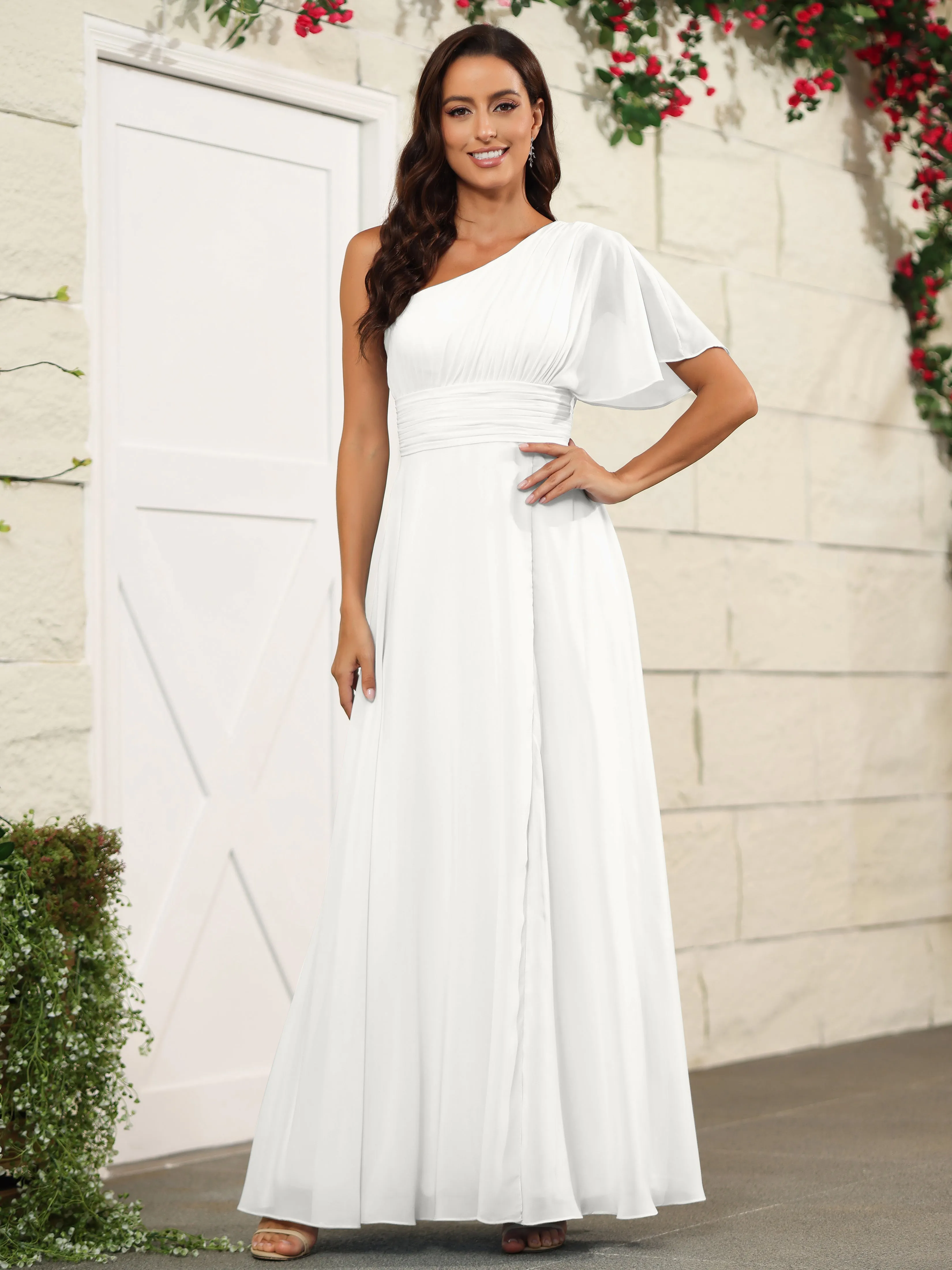 Simple One Shoulder Chiffon Floor Length Bridesmaid Dresses