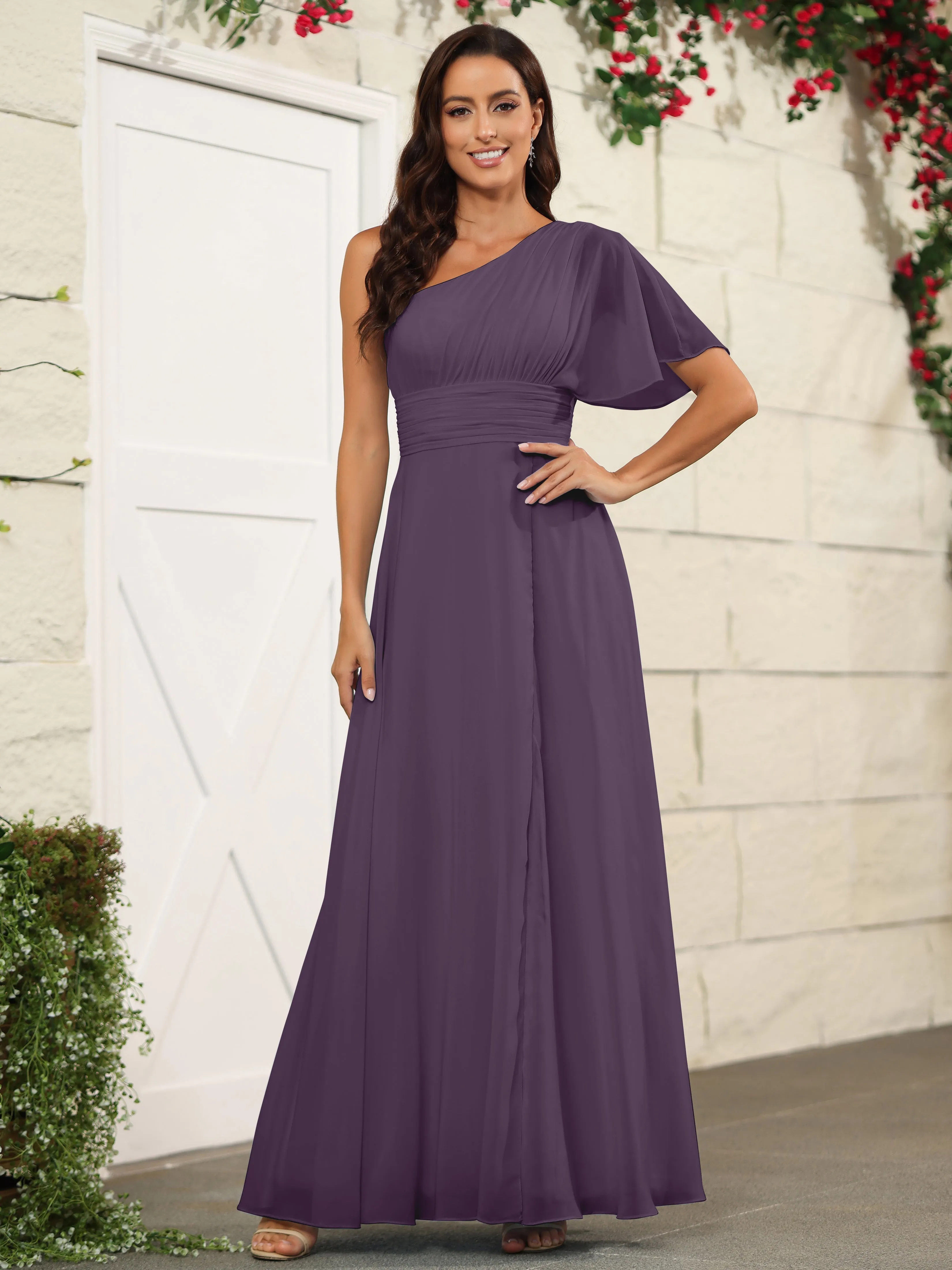 Simple One Shoulder Chiffon Floor Length Bridesmaid Dresses