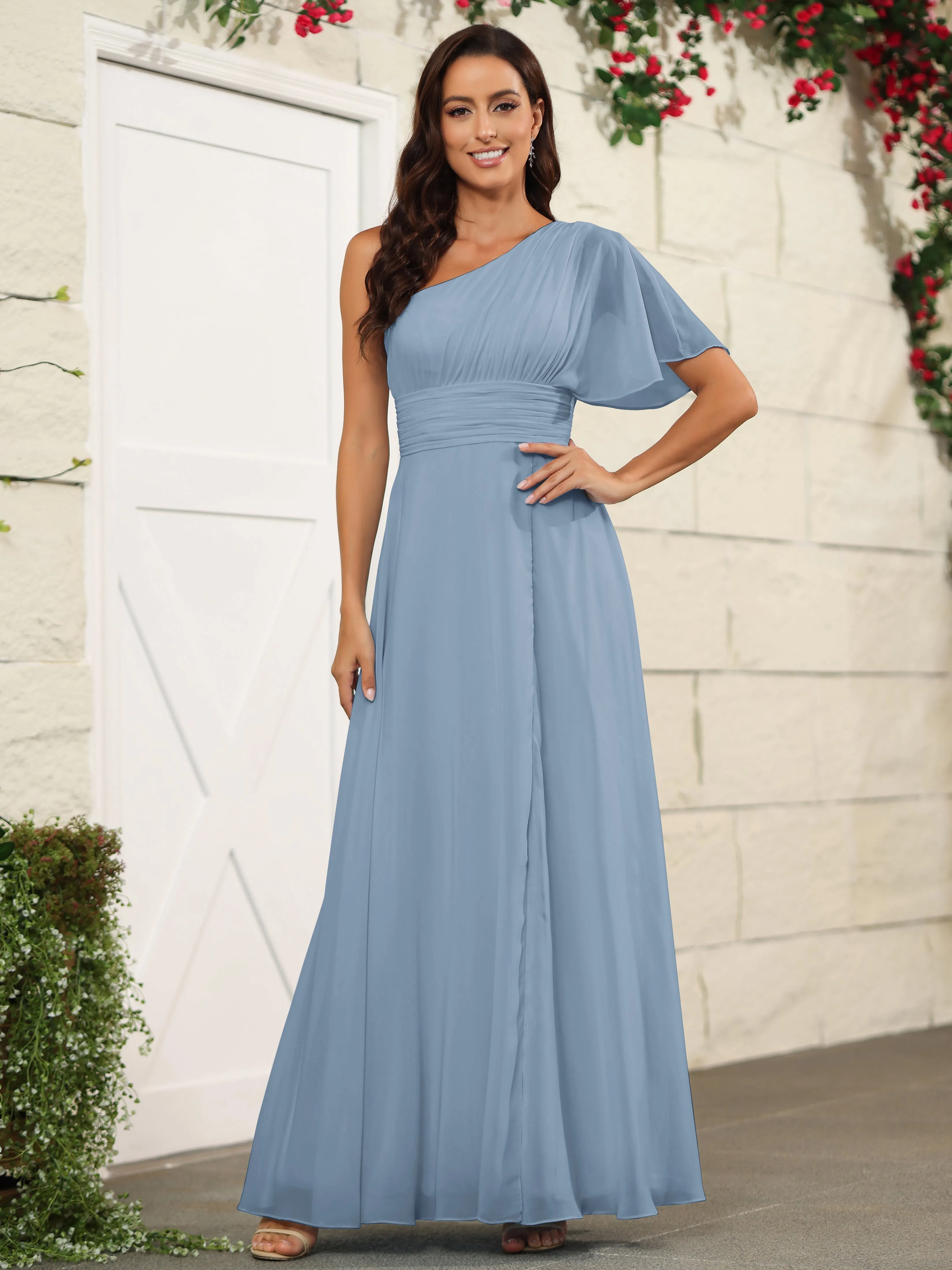 Simple One Shoulder Chiffon Floor Length Bridesmaid Dresses