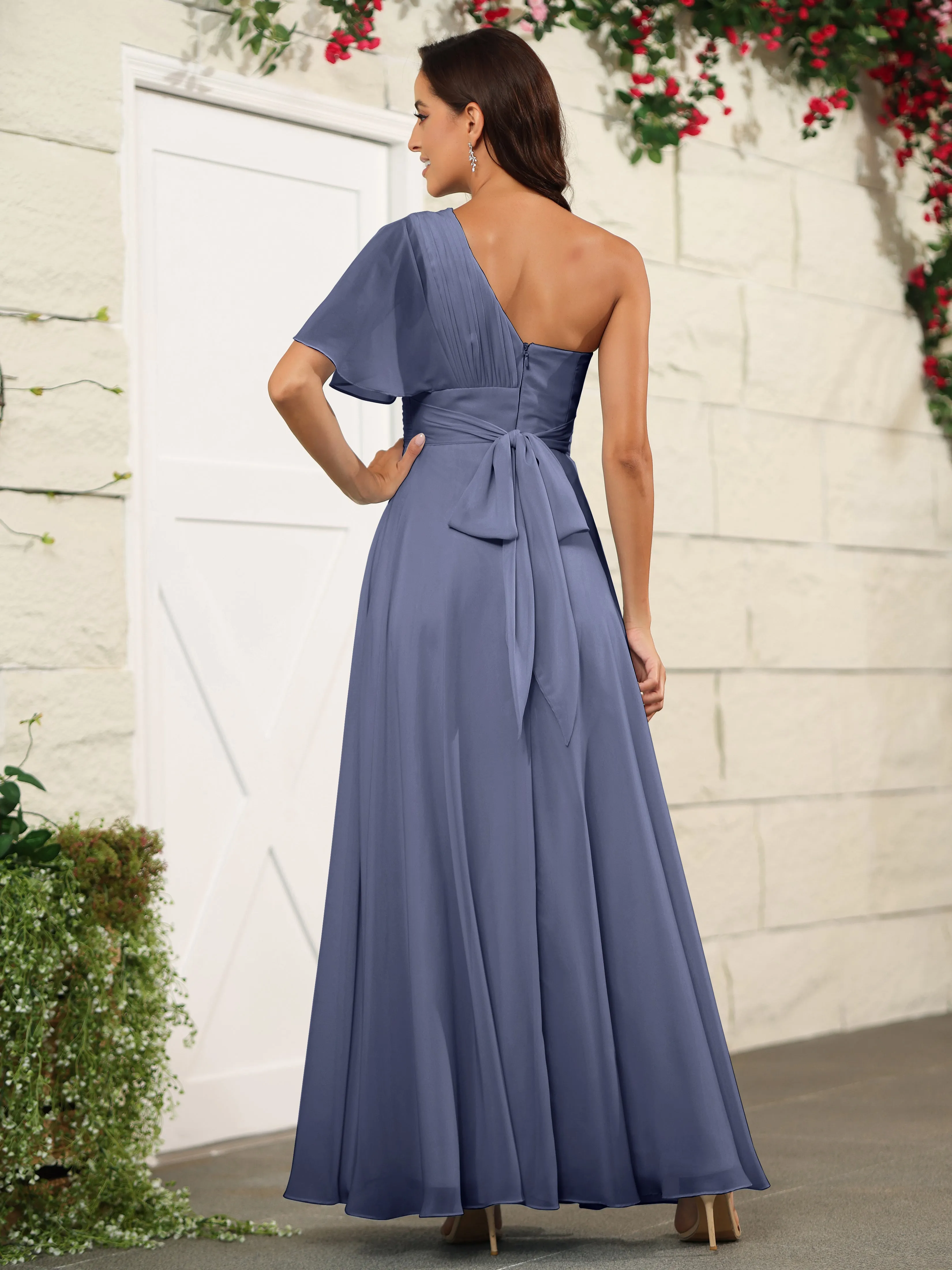 Simple One Shoulder Chiffon Floor Length Bridesmaid Dresses