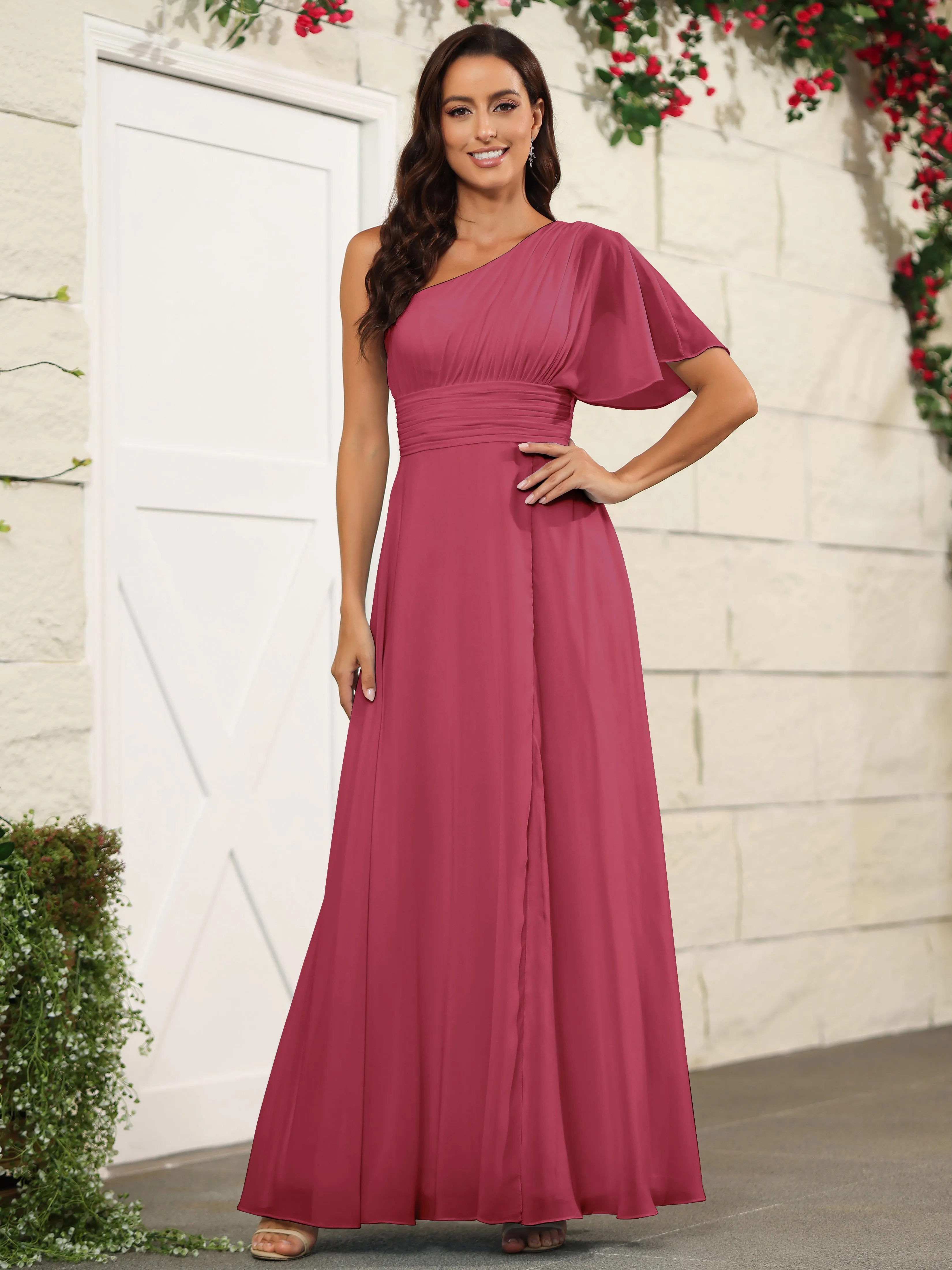 Simple One Shoulder Chiffon Floor Length Bridesmaid Dresses