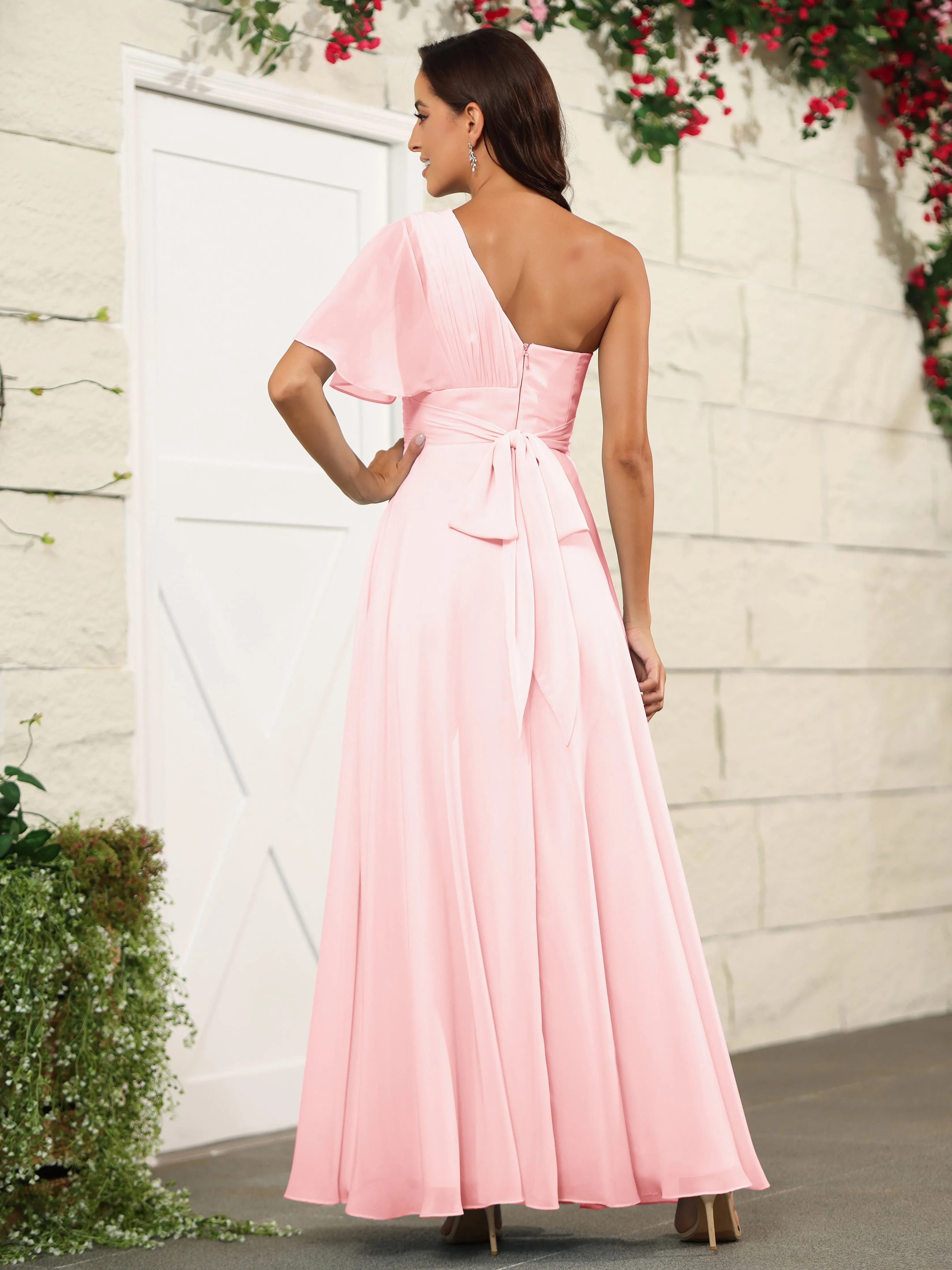 Simple One Shoulder Chiffon Floor Length Bridesmaid Dresses