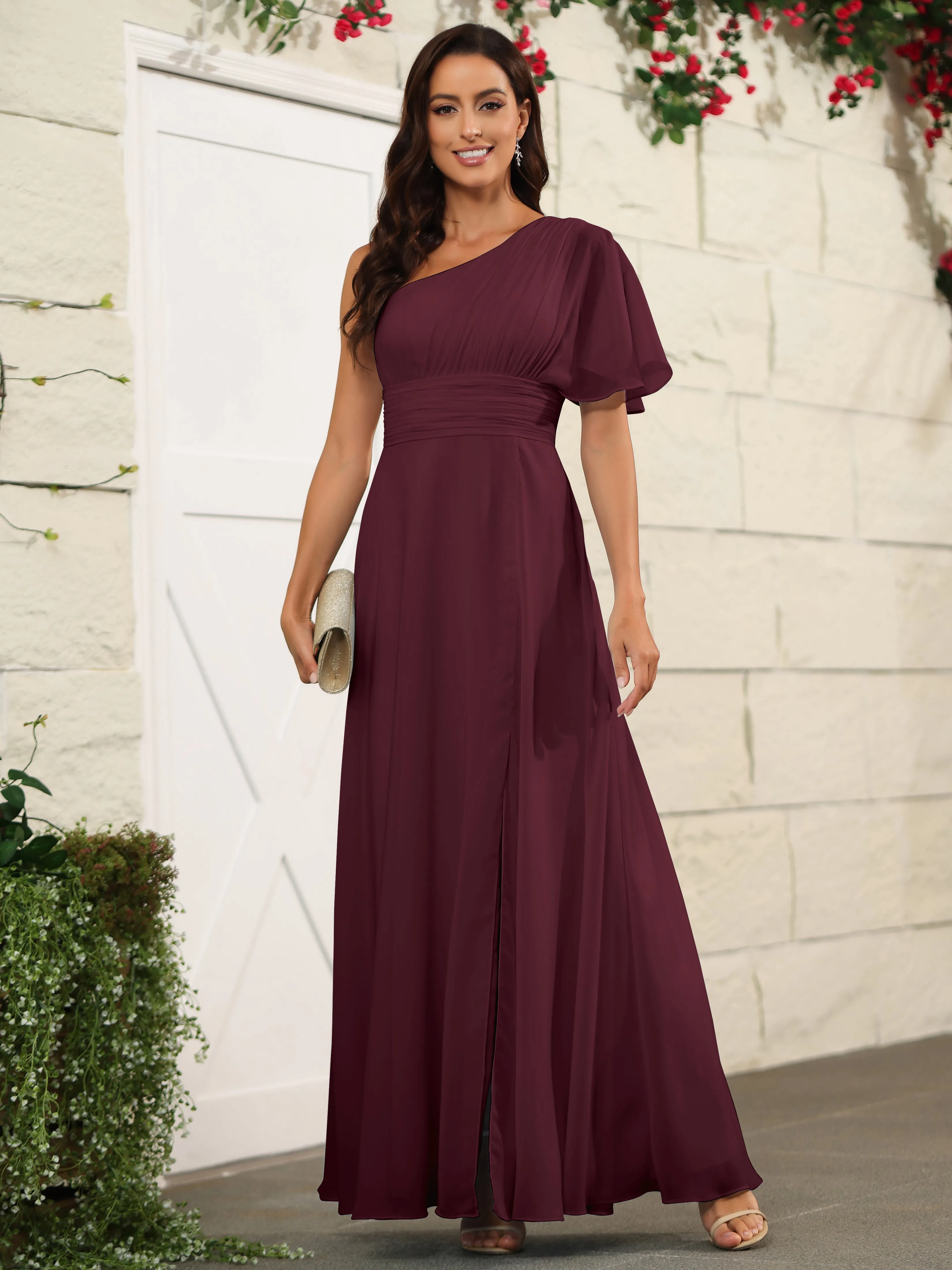 Simple One Shoulder Chiffon Floor Length Bridesmaid Dresses