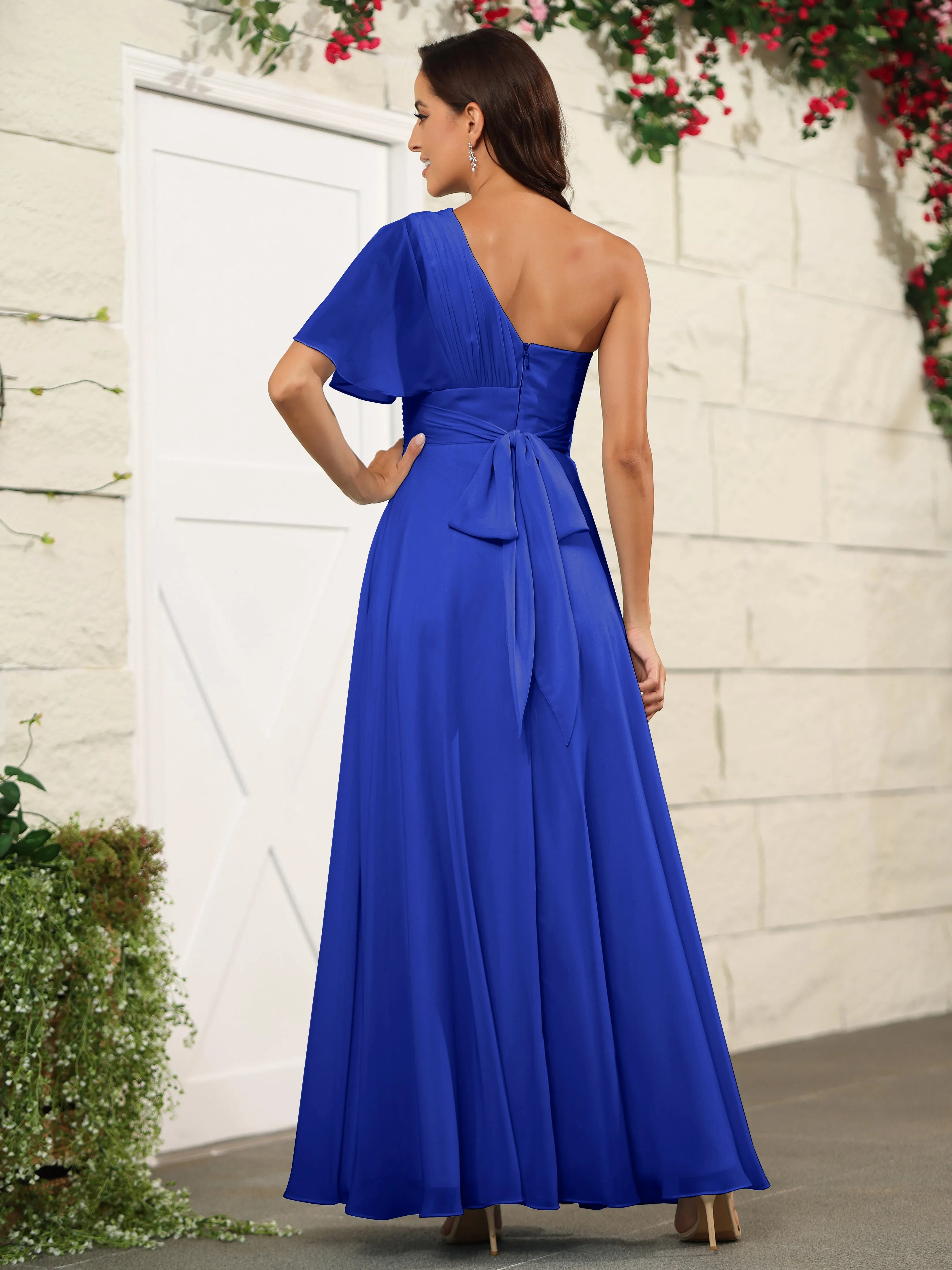 Simple One Shoulder Chiffon Floor Length Bridesmaid Dresses